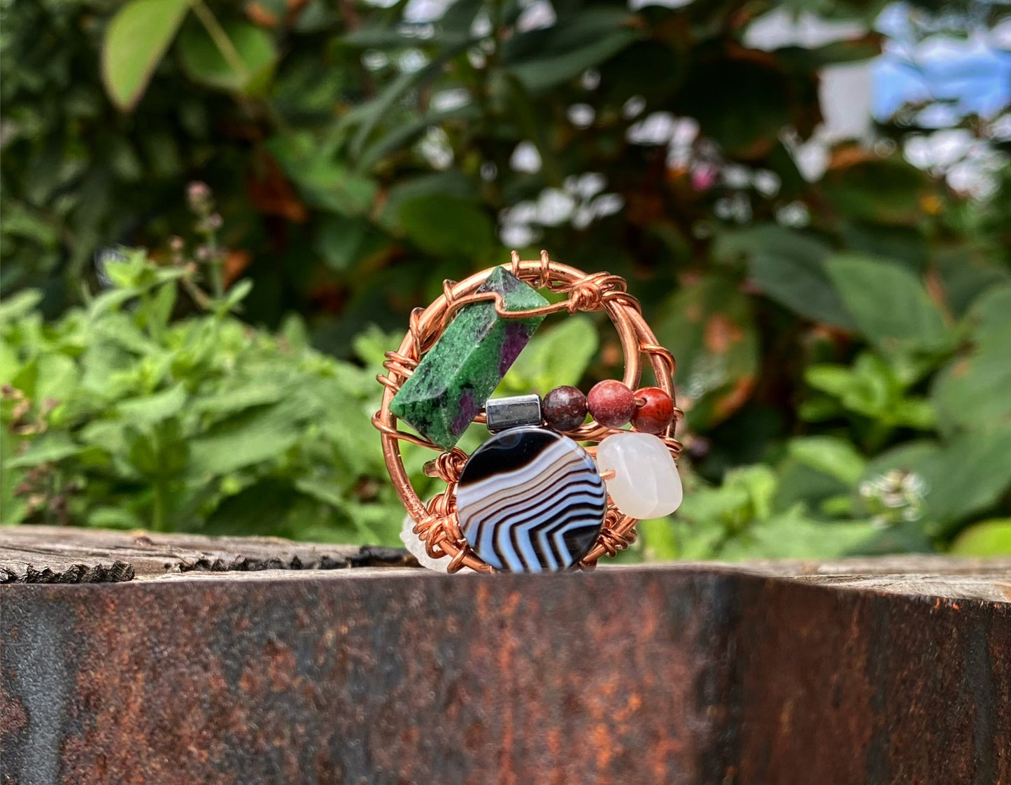 COPPER+ZOISITE+MOONSTONE +QUARTZ+RED JASPER+ONYX/AGATE PARTY RING