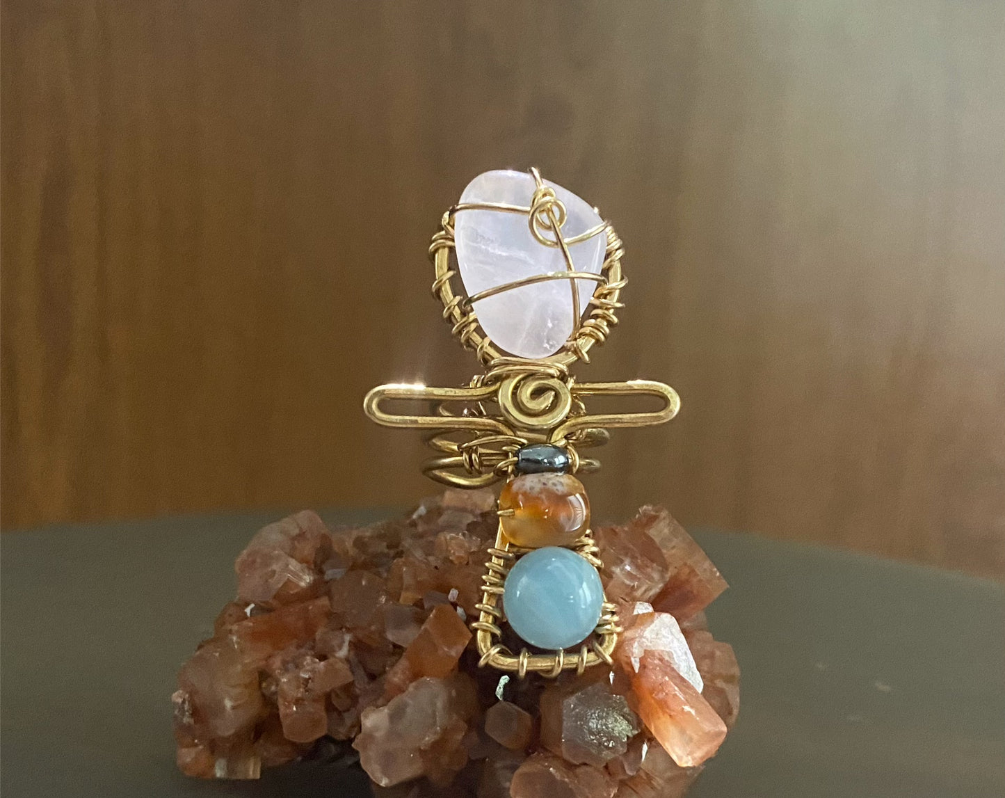 BRONZE+ROSE QUARTZ+HEMATITE+CARNELIAN+ AQUAMARINE ANKH RING