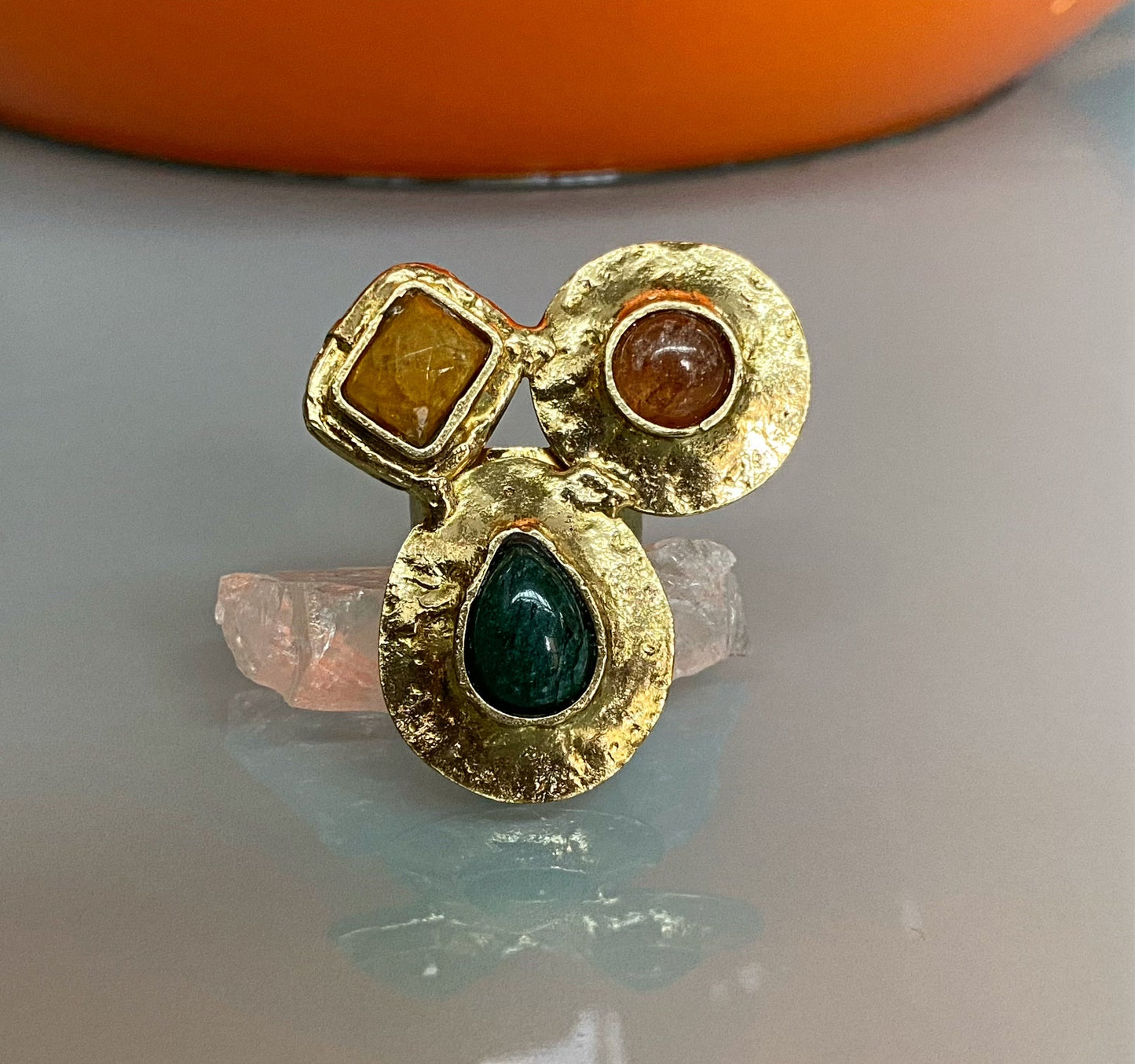 BRASS+AVENTURINE+RED QUARTZ+ TANGERINE QUARTZ RING