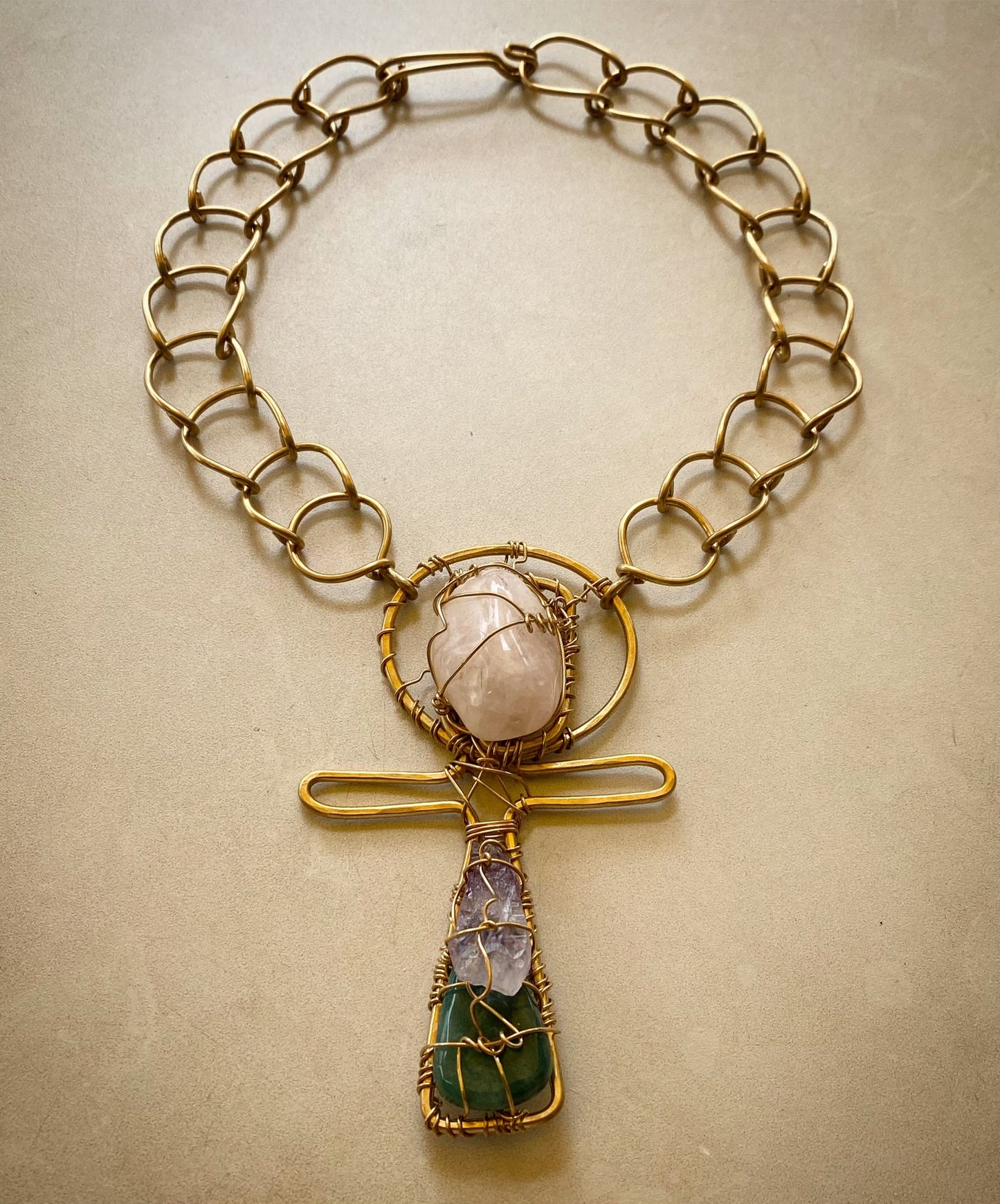 BRONZE+ROSE QUARTZ+AVENTURINE ARCLINK ANKH NECKLACE
