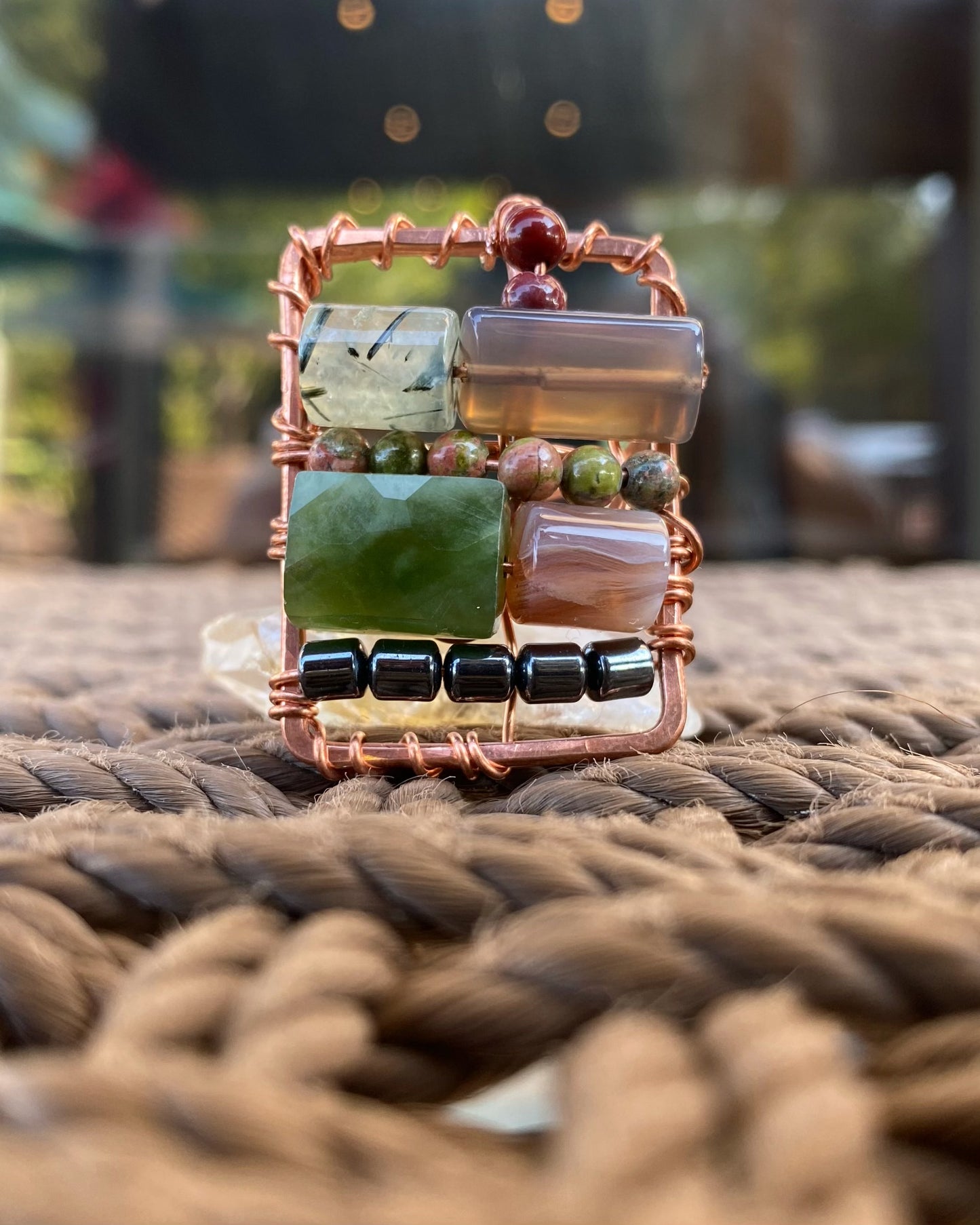 COPPER+HEMATITE+ AGATE+JADE+UNAKITE+PREHNITE+RED JASPER PARTY RING