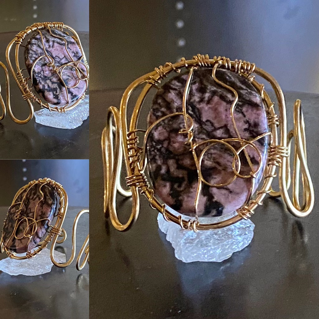 BRONZE+RHODONITE WAVE CUFF BRACELET