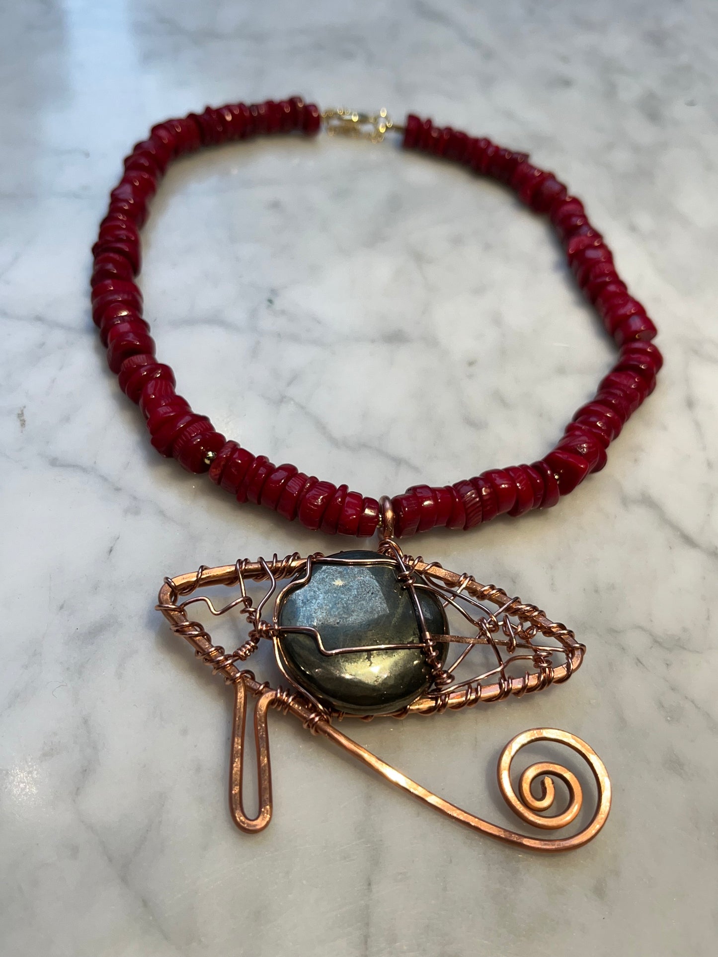 COPPER+RED CORAL+PYRITE EYE OF HERU NECKLACE