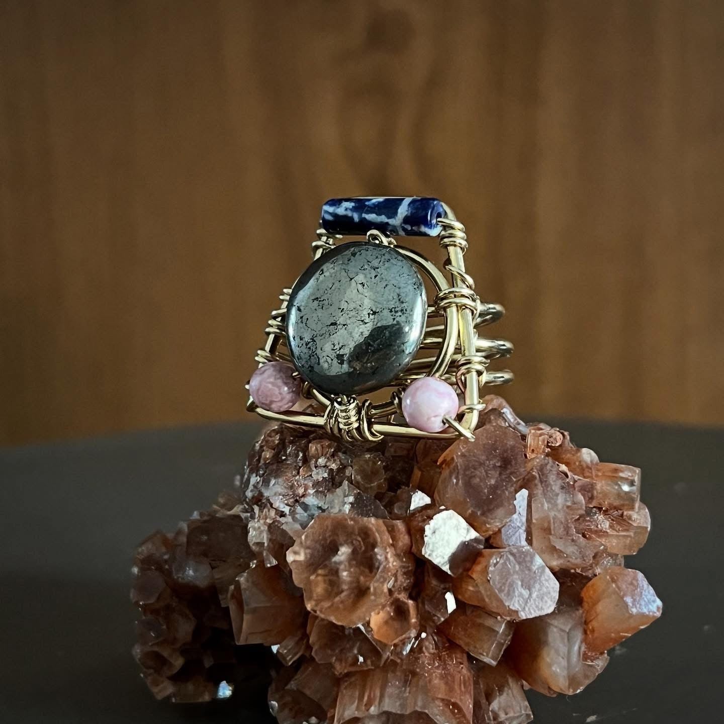 BRONZE+PYRITE+ RHODOCHROSITE+ SODALITE RING