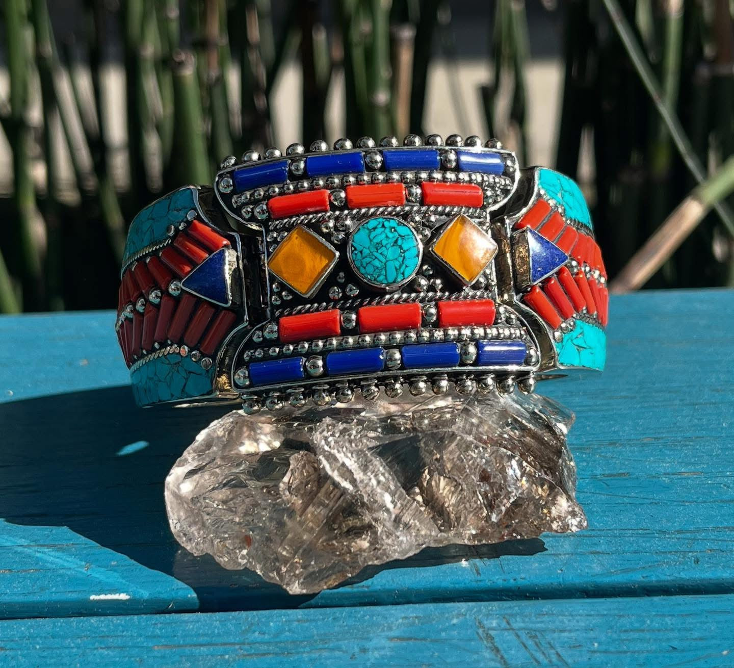 TIBETAN-G SILVER+TURQUOISE+RED CORAL+LAPIS LAZULI+AMBER CUFF BRACELET