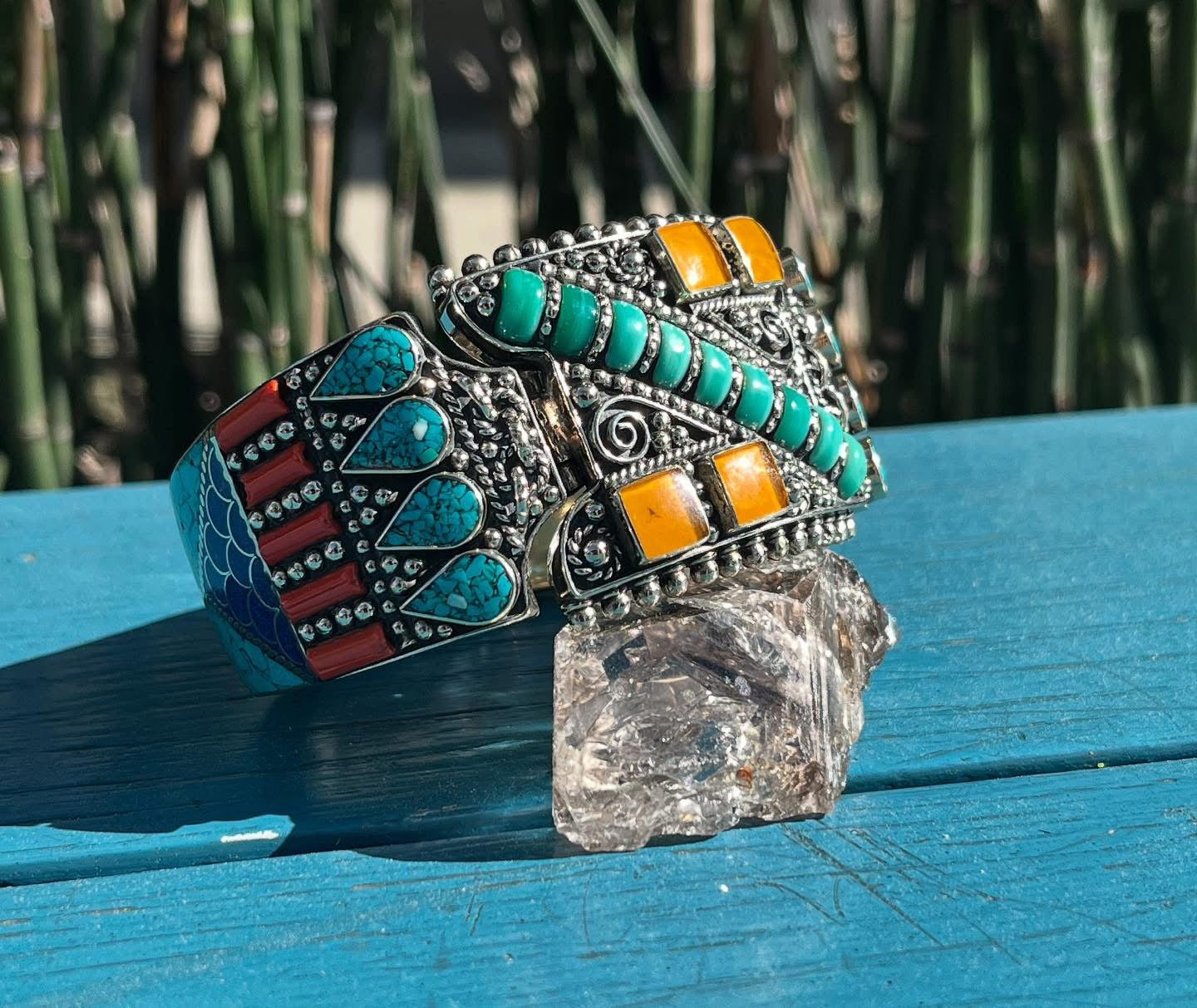 TIBETIAN G-SILVER+TURQUOISE+RED CORAL+AMBER CUFF BRACELET
