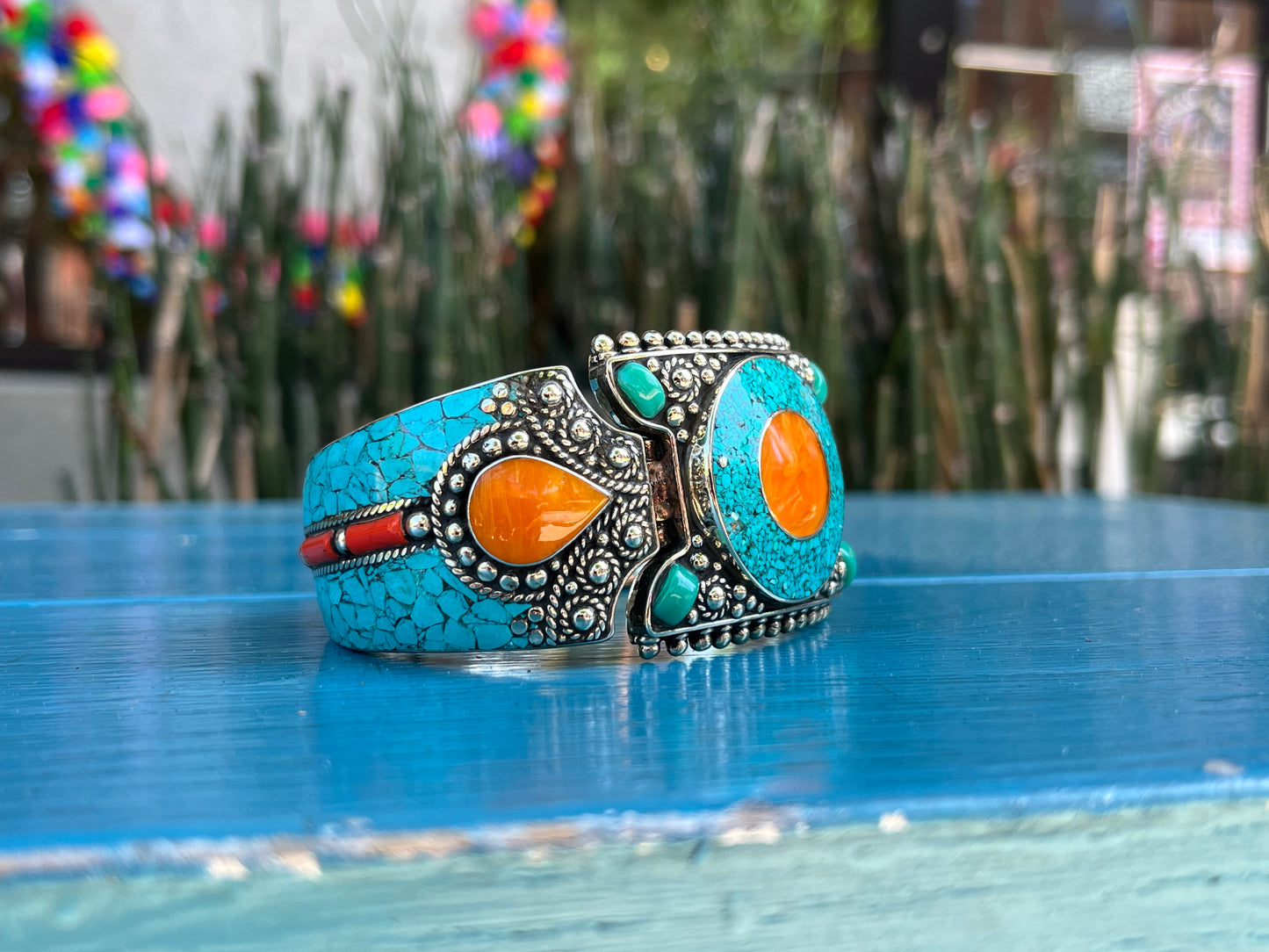 TIBETAN-G SILVER +TURQUOISE+AMBER CUFF BRACELET