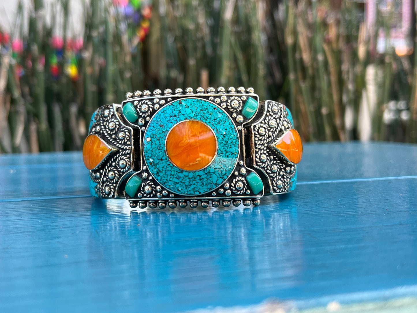 TIBETAN-G SILVER +TURQUOISE+AMBER CUFF BRACELET