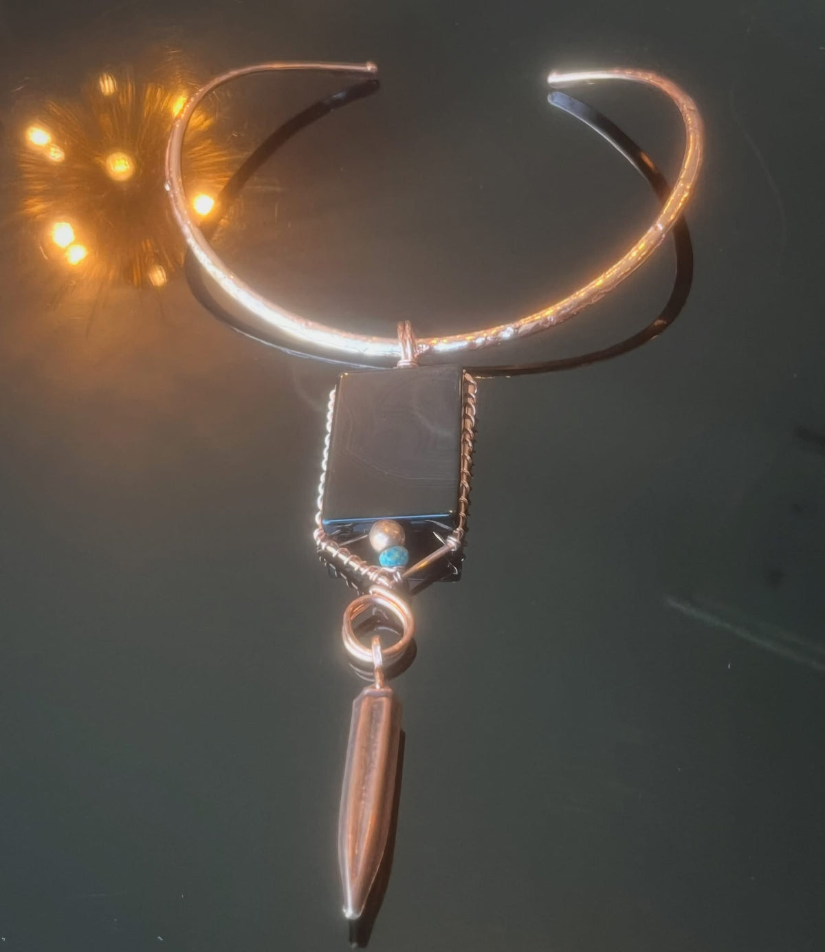 “SUPREME NATURE & I”ONYX+CHRYSOCOLLA OKRA CHOKER/NECKLACE IN COPPER