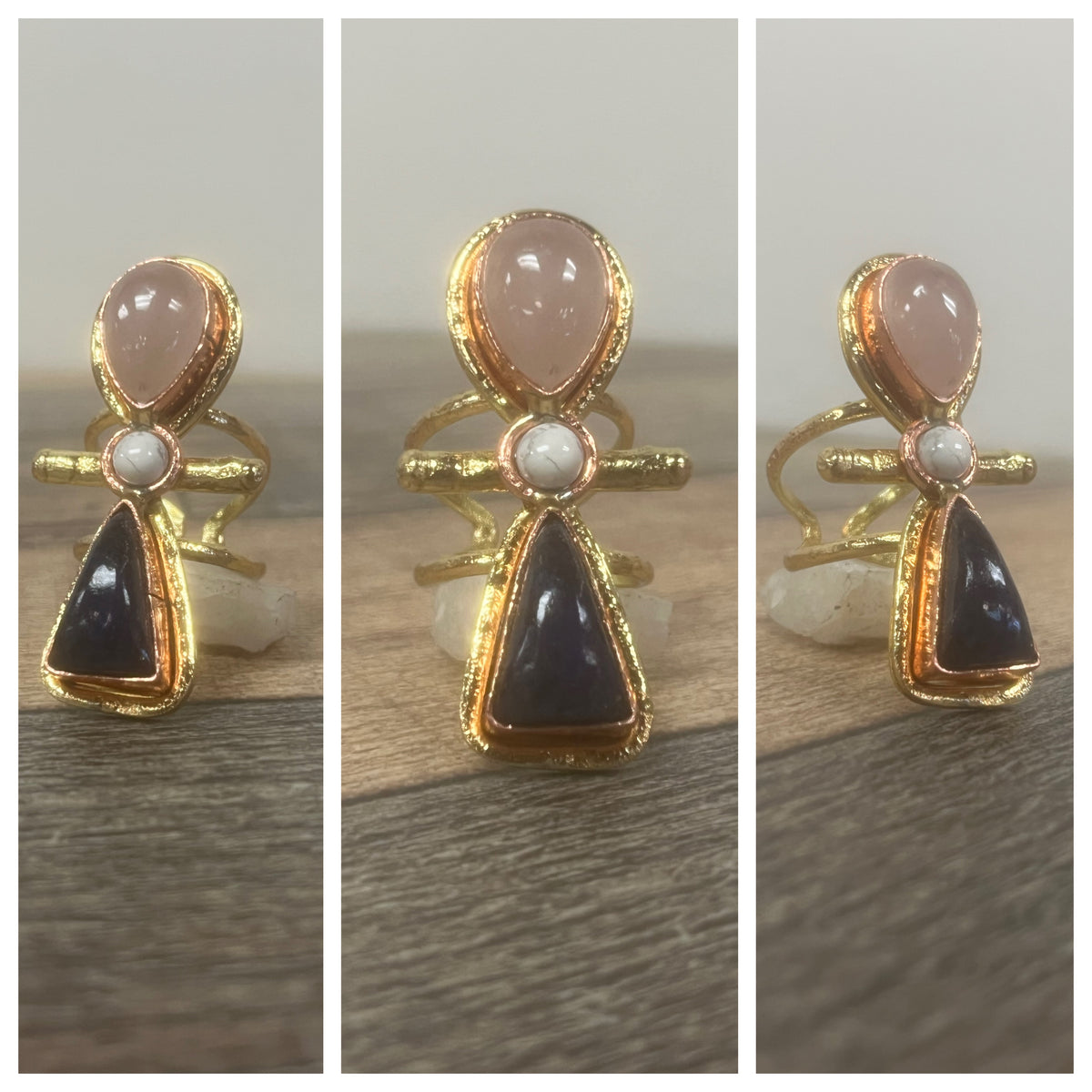 ROSE QUARTZ+HOWLITE +LAPIS LAZULI ANKH RING IN BRASS+COPPER