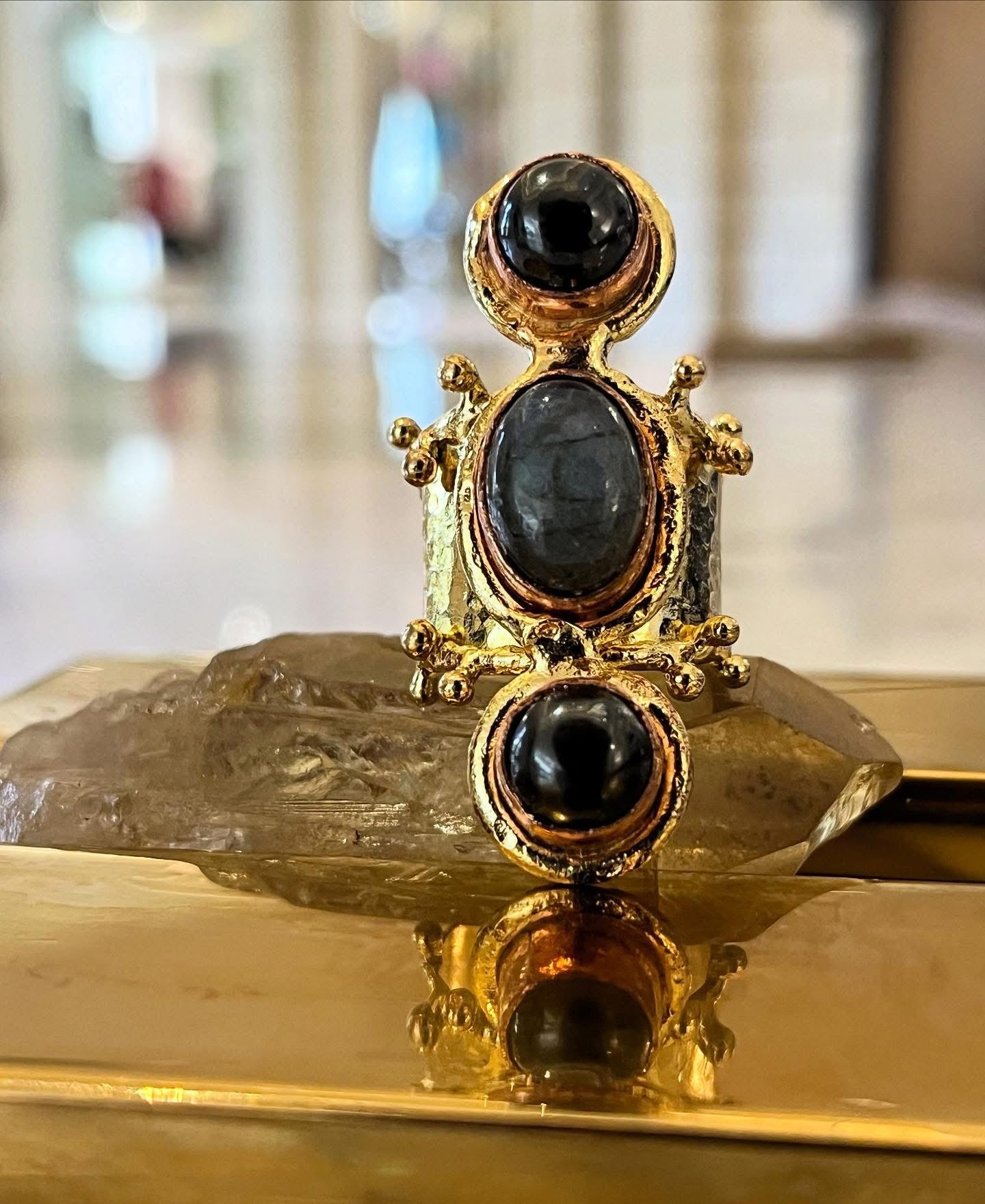 BRASS+COPPER+LABRADORITE+ONYX TRINITY RING