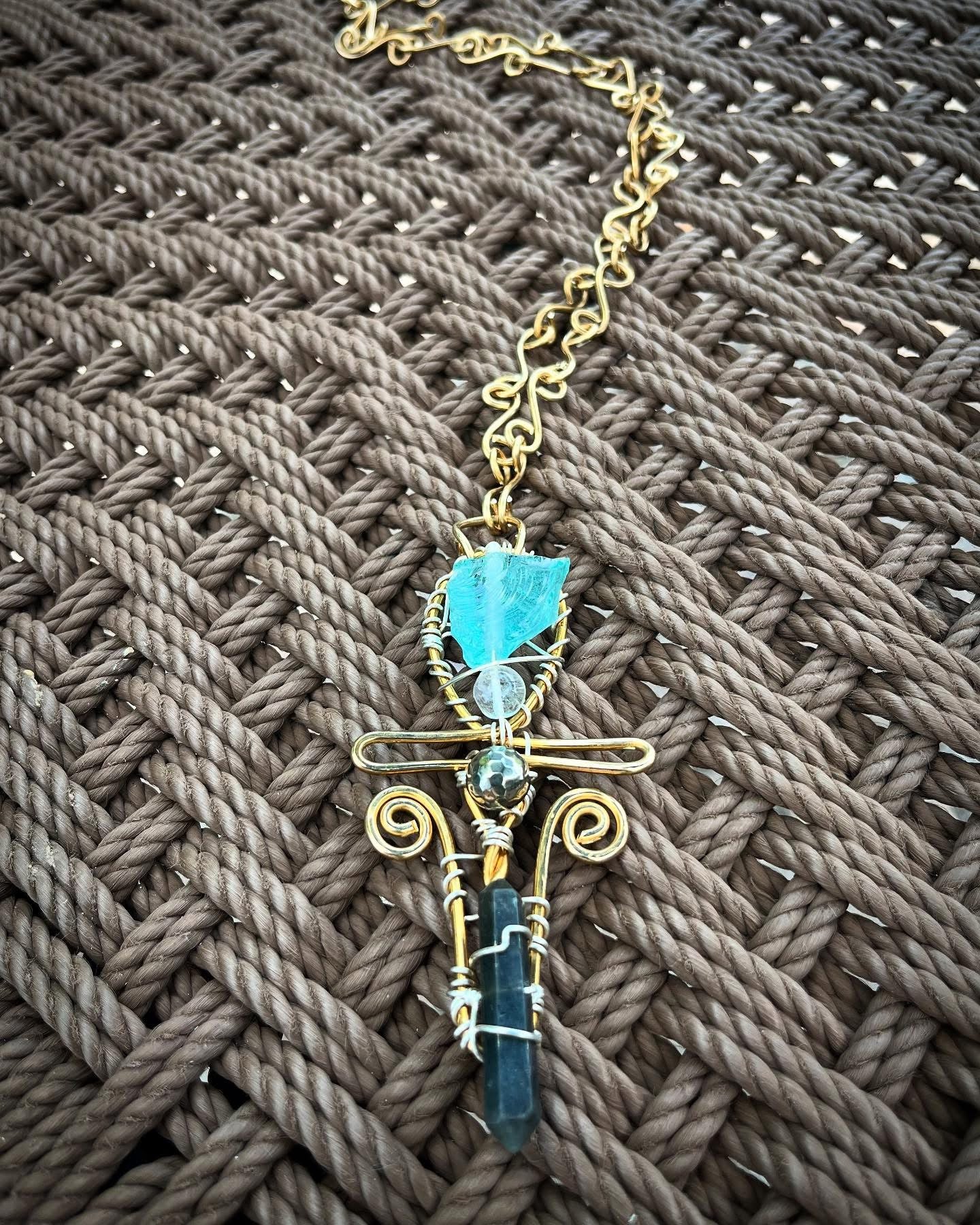 BRONZE+SILVER+AQUA QUARTZ+CLEAR QUARTZ+LABRADORITE ANKH NECKLACE