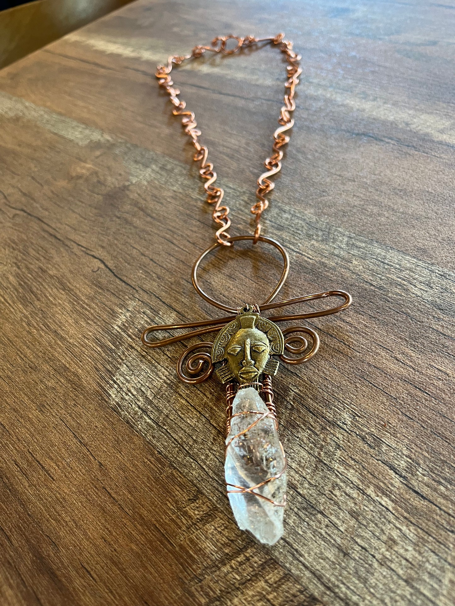 COPPER+CLEAR QUARTZ+BRASS AFRICAN MASK ANKH NECKLACE