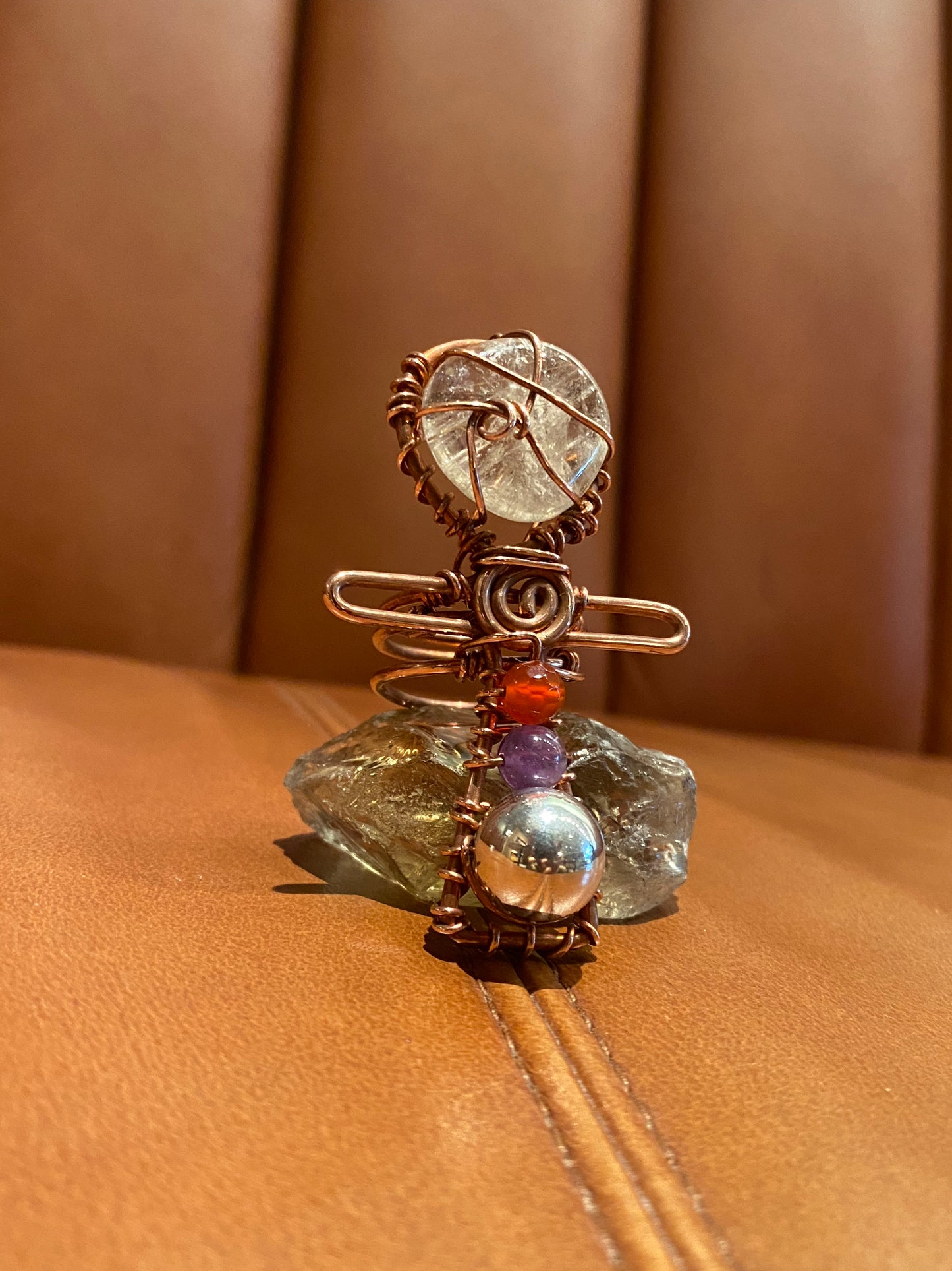 COPPER+CLEAR QUARTZ+CARNELIAN+AMETHYST+ SILVER ANKH RING