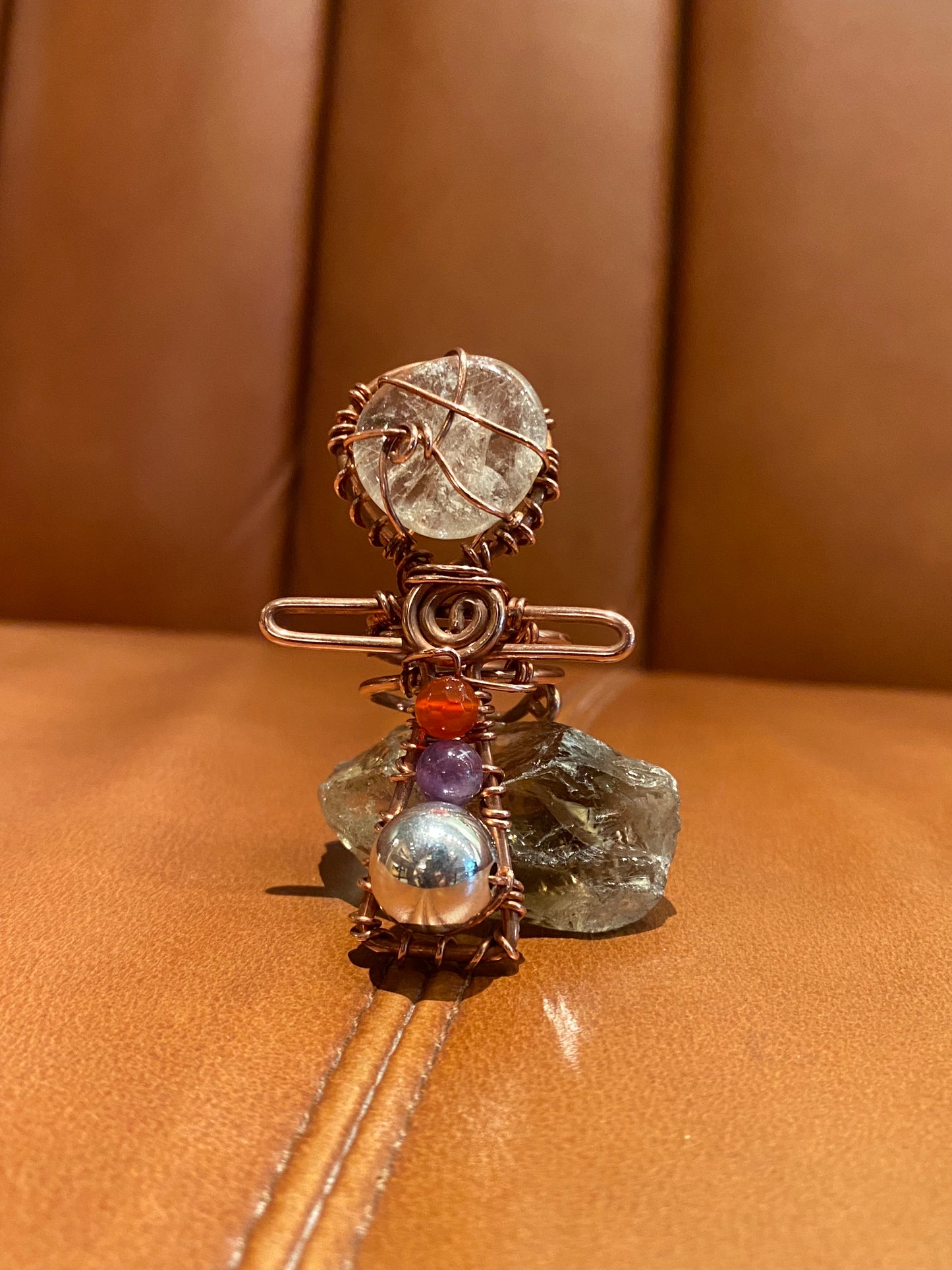 COPPER+CLEAR QUARTZ+CARNELIAN+AMETHYST+ SILVER ANKH RING