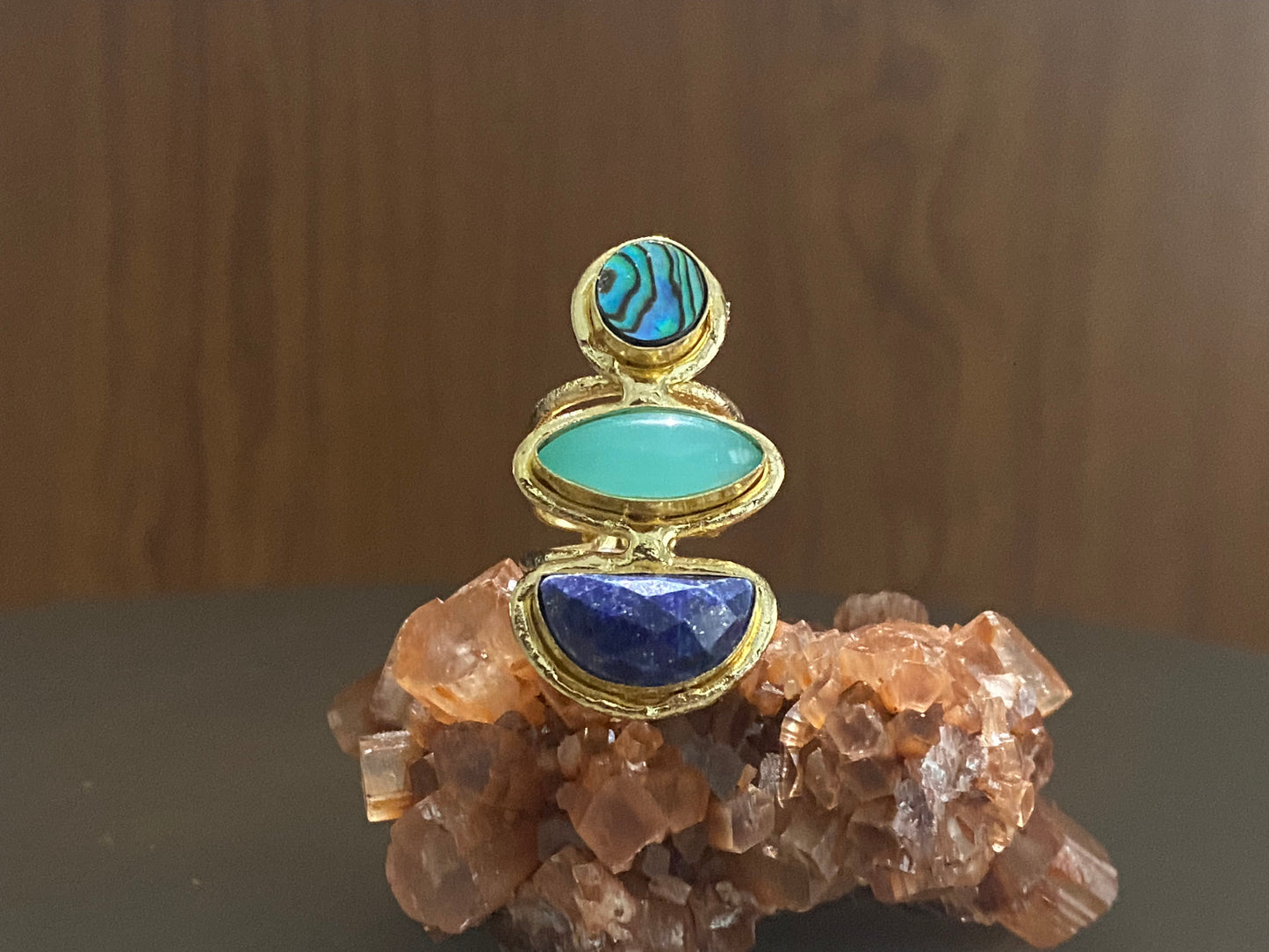 BRASS+ABALONE SHELL+CHALCEDONY+ LAPIS LAZULI TRINITY RING
