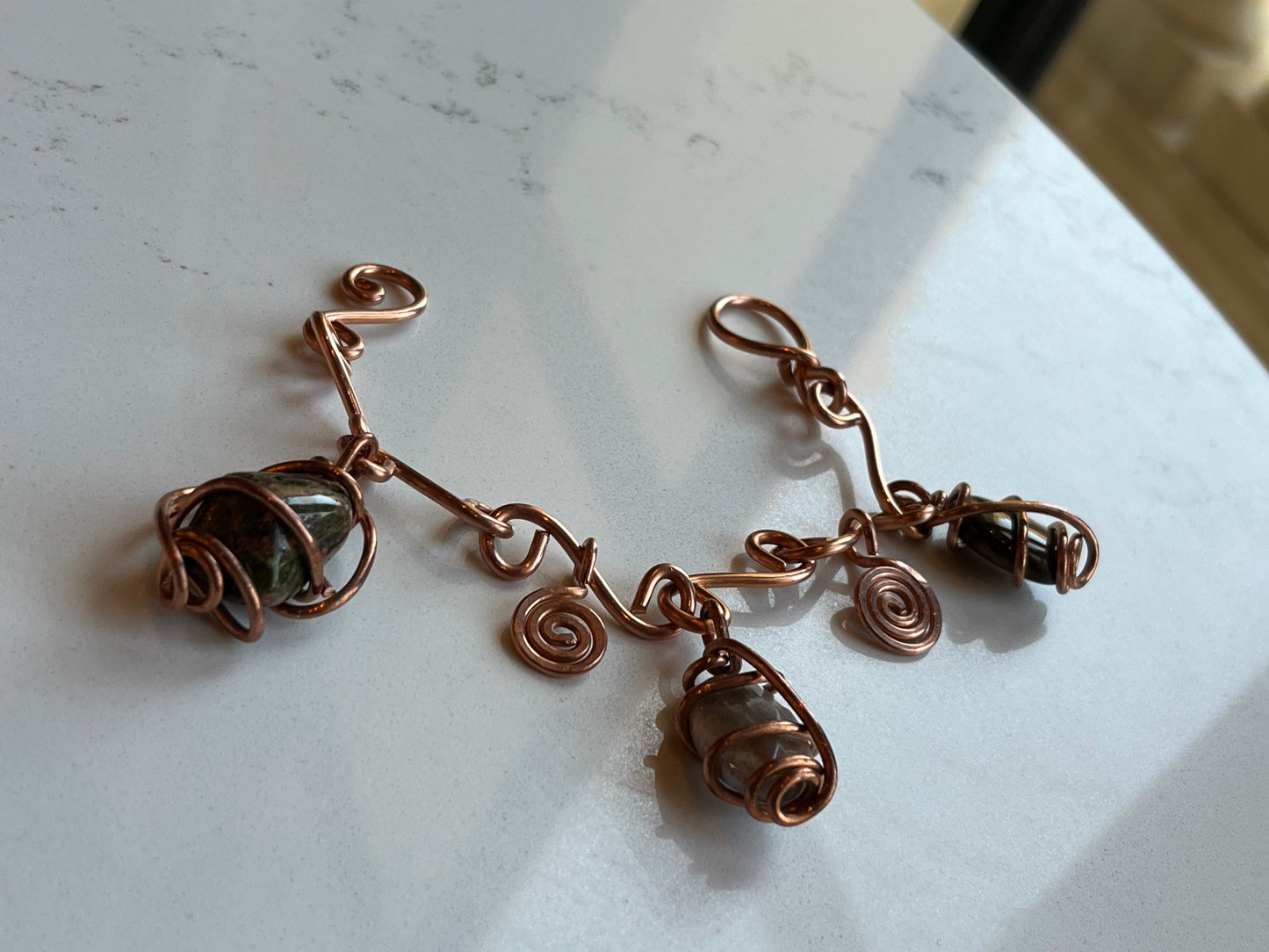 UNAKITE+MOONSTONE+TIGERS EYE CHARM BRACELET IN COPPER