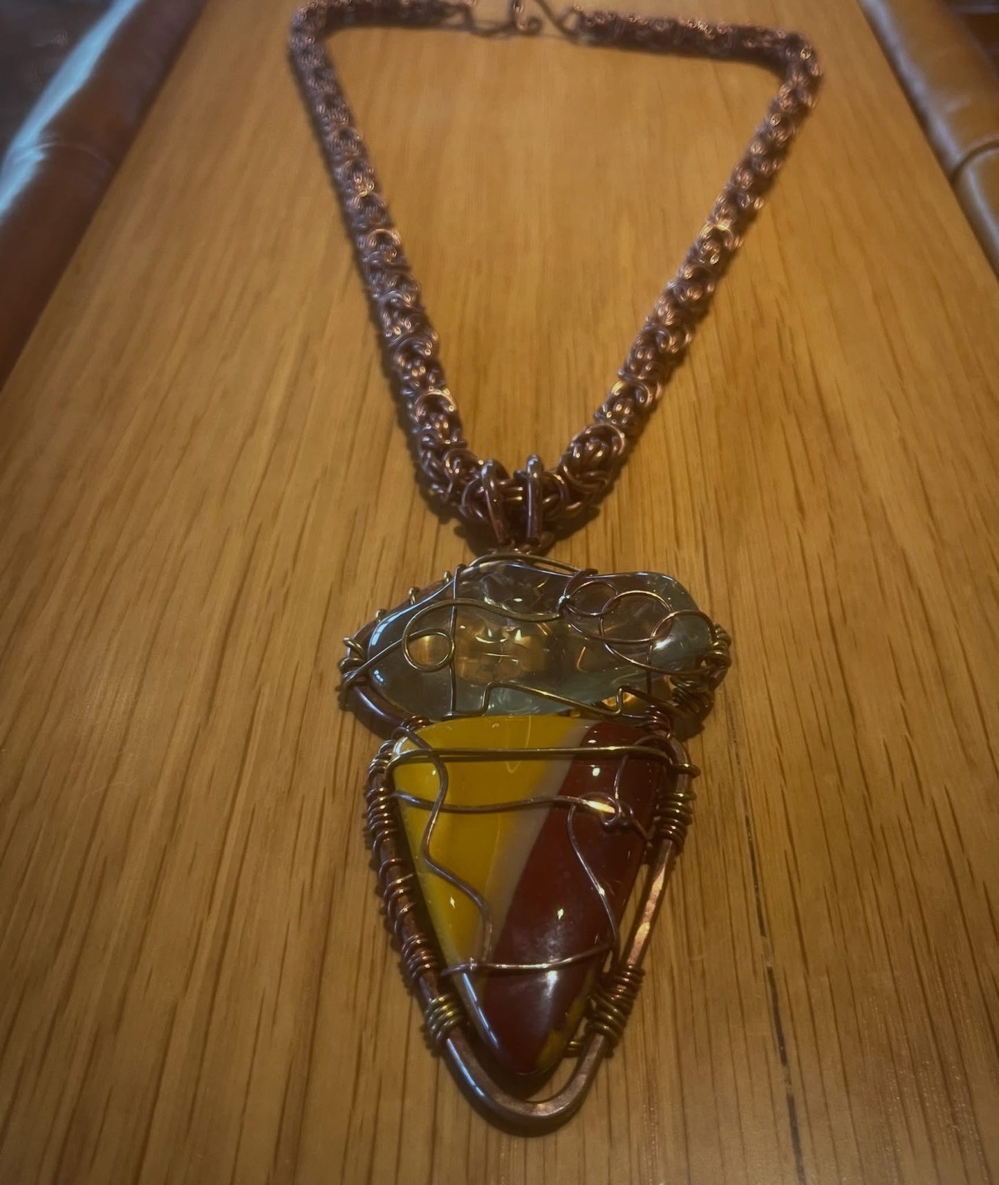 GOLDEN TOPAZ +POLYCHROME MOOKITE JASPER BYZANTINE NECKLACE IN COPPER & BRONZE