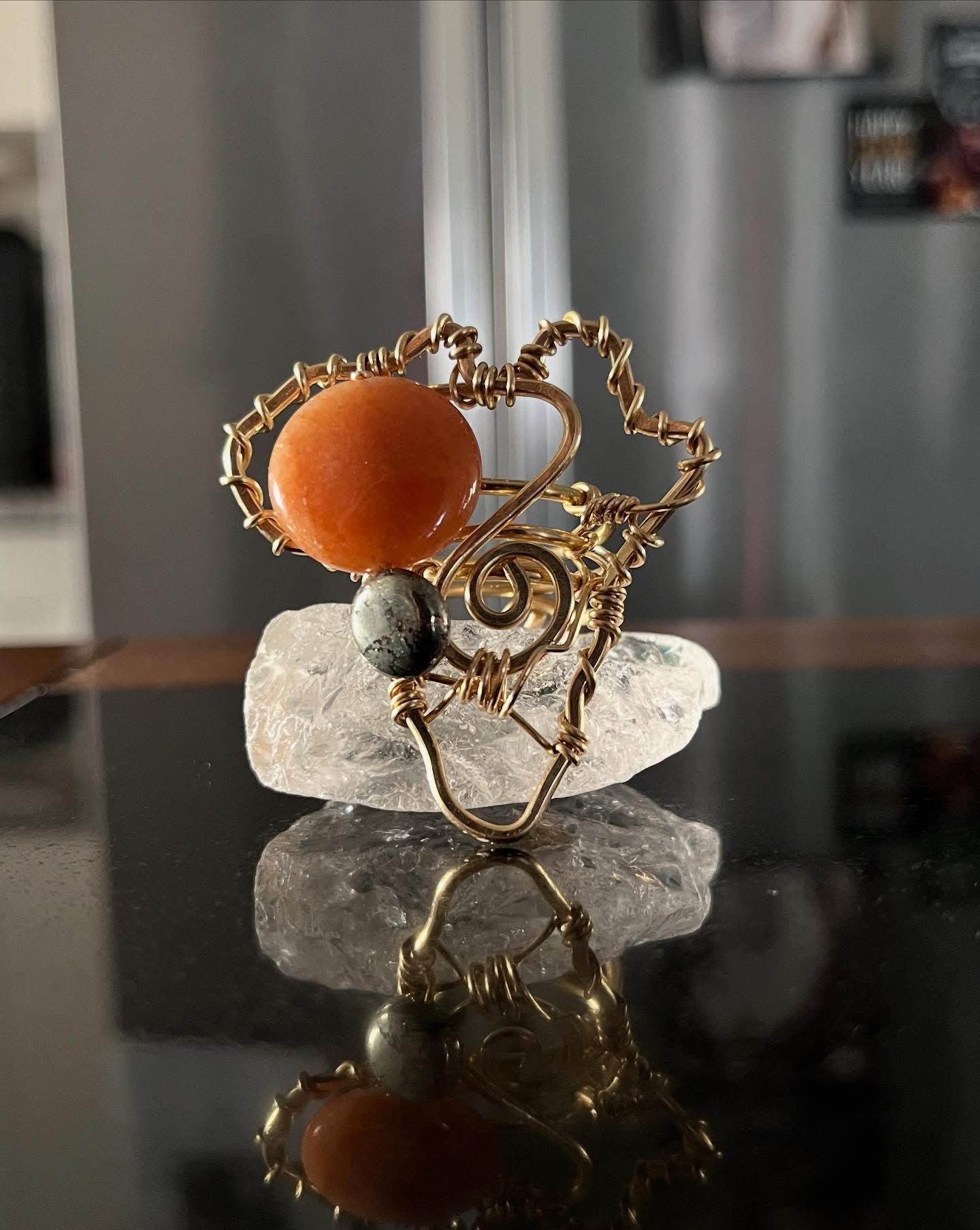 CARNELIAN+PYRITE ALKEBULAN RING IN BRONZE