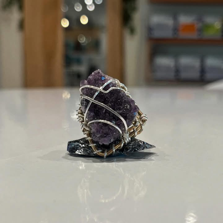 RAW AMETHYST CLUSTER RING IN BRONZE+SILVER