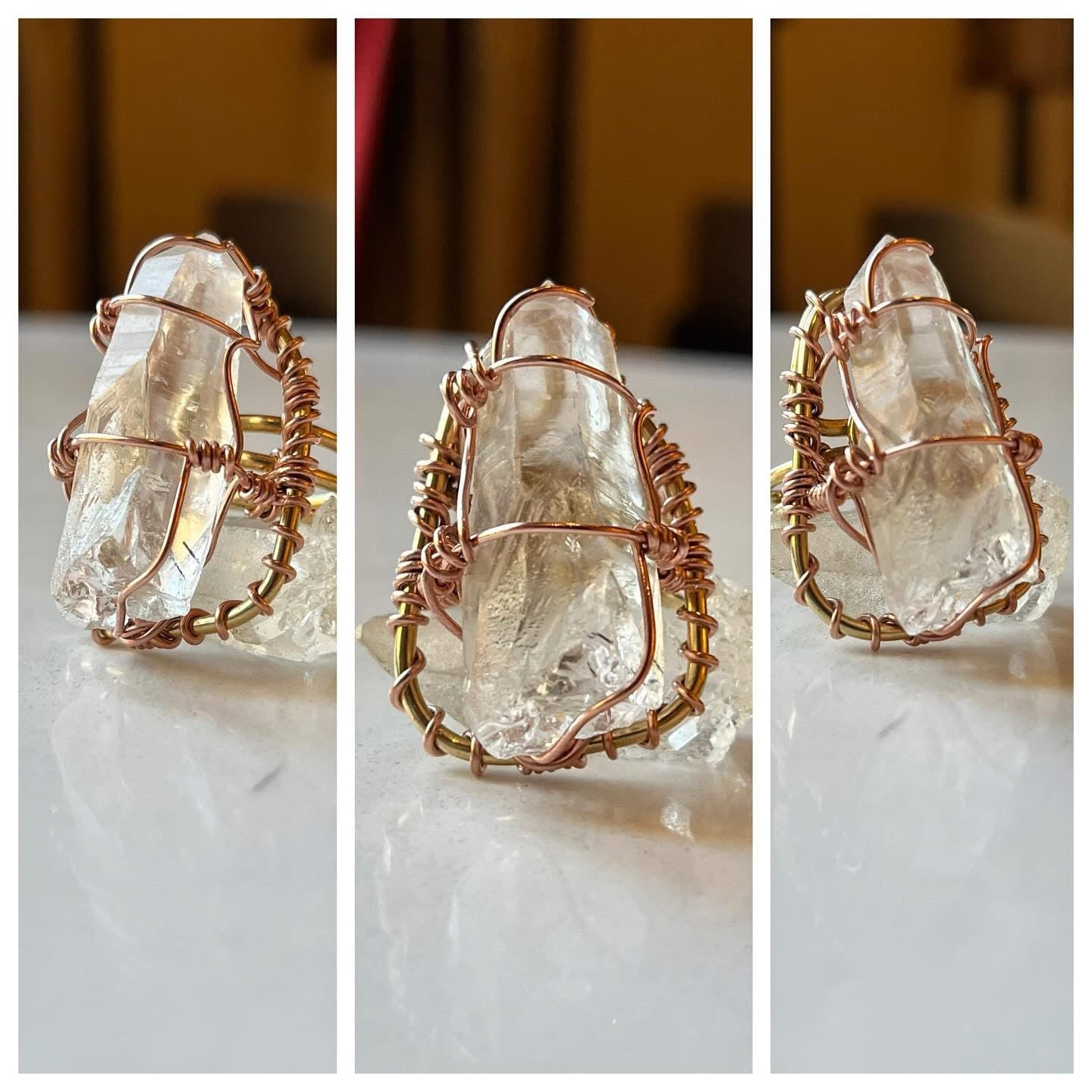 RAW CLEAR QUARTZ RING IN BRONZE+COPPER