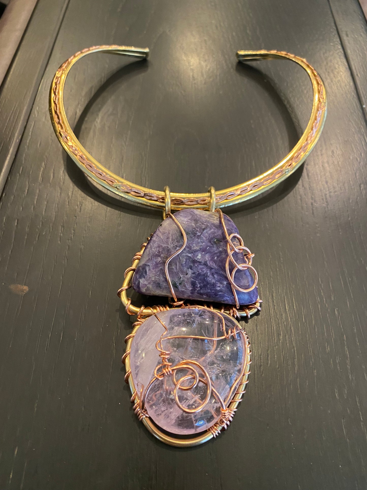 BRONZE+COPPER+ CHAROITE+ ROSE QUARTZ CHOKER NECKLACE