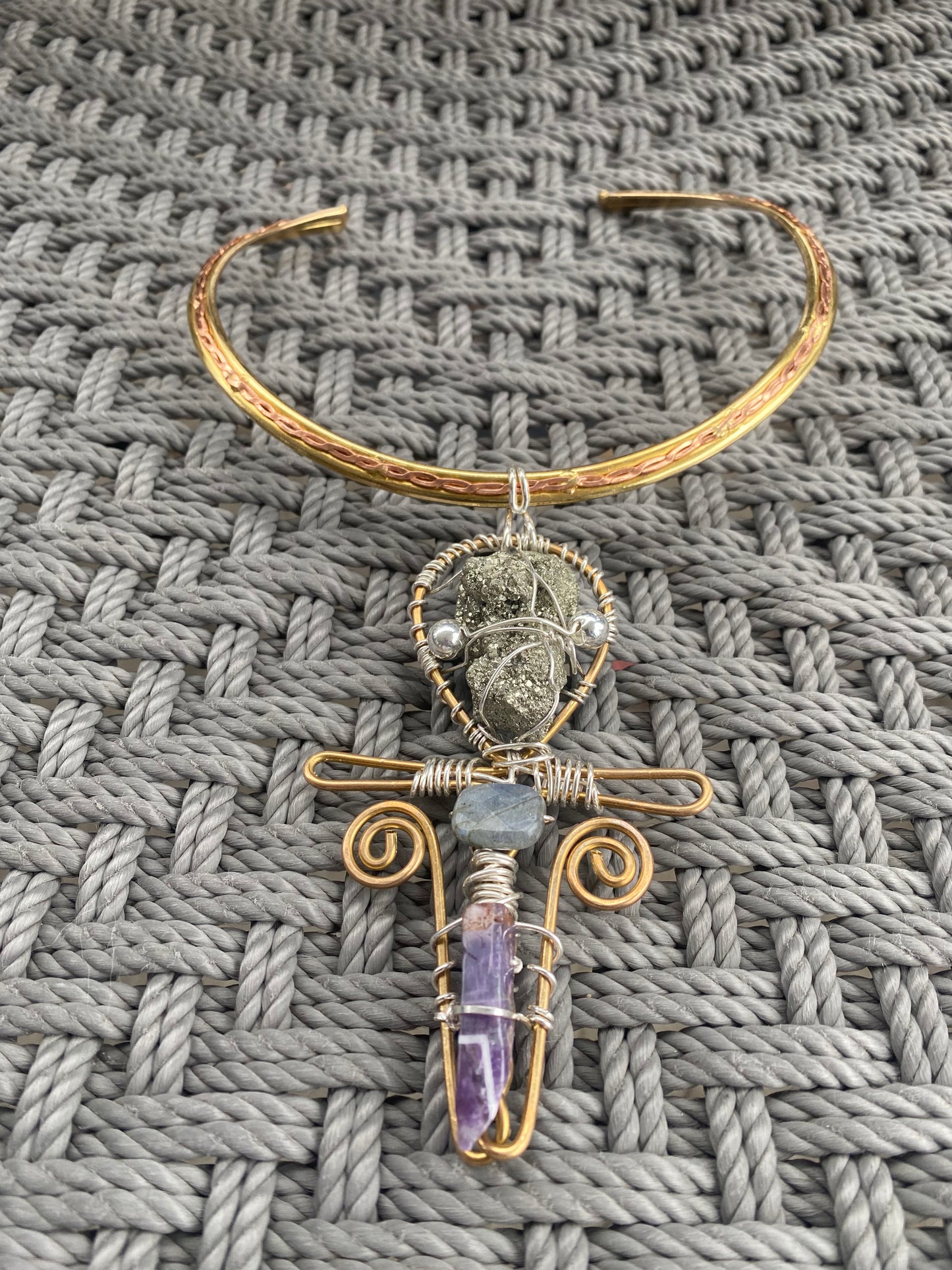 COPPER+BRASS+BRONZE+SILVER PYRITE+LABRADORITE+ AMETHYST ANKH CHOKER