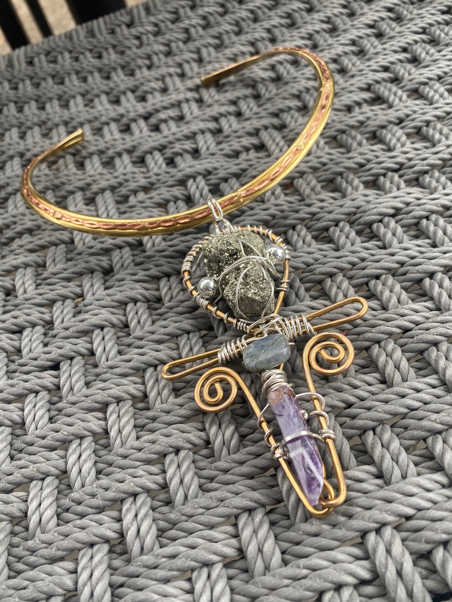 COPPER+BRASS+BRONZE+SILVER PYRITE+LABRADORITE+ AMETHYST ANKH CHOKER