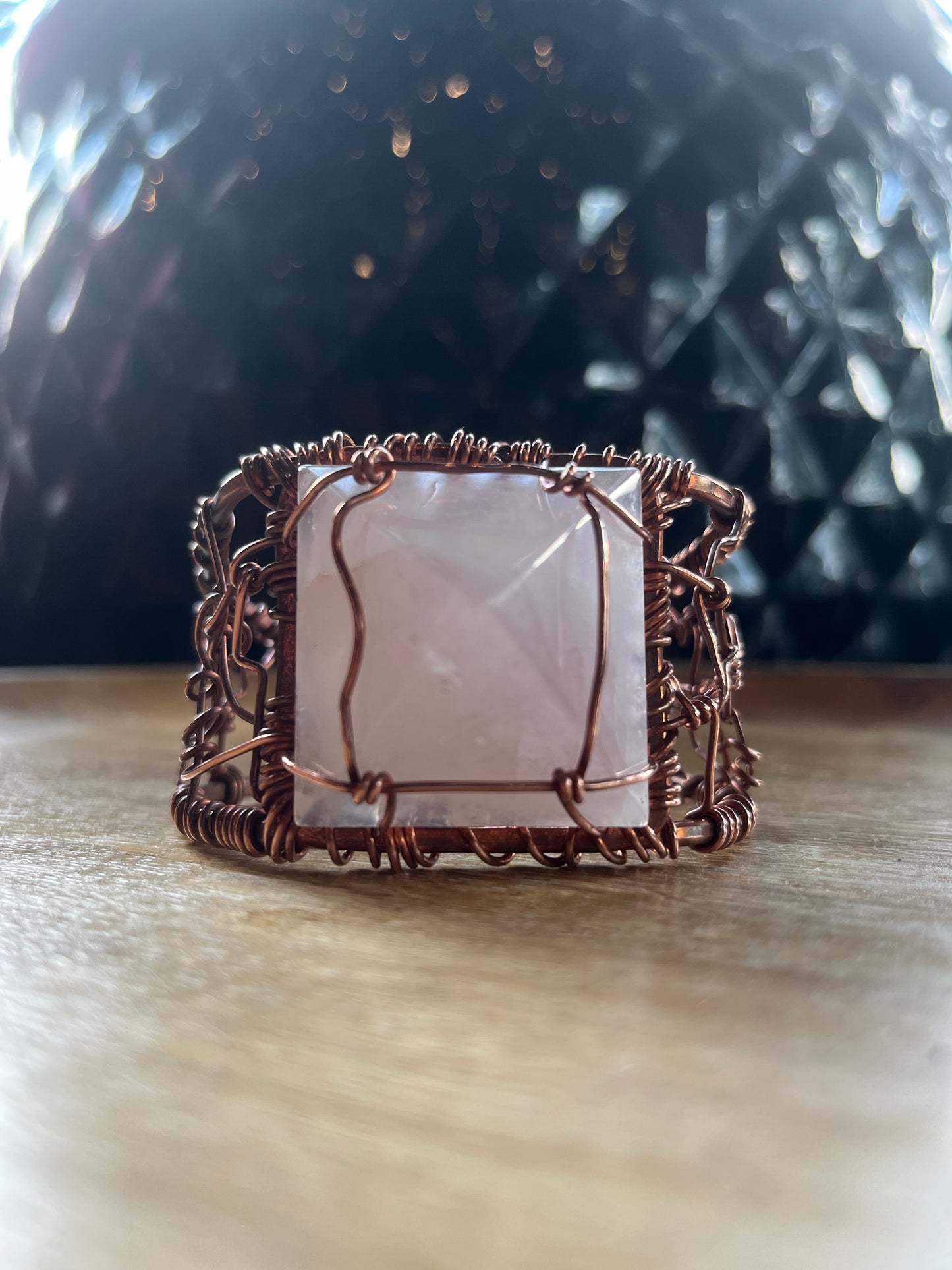 ROSE QUARTZ PYRAMID CUFF BRACELET IN COPPER