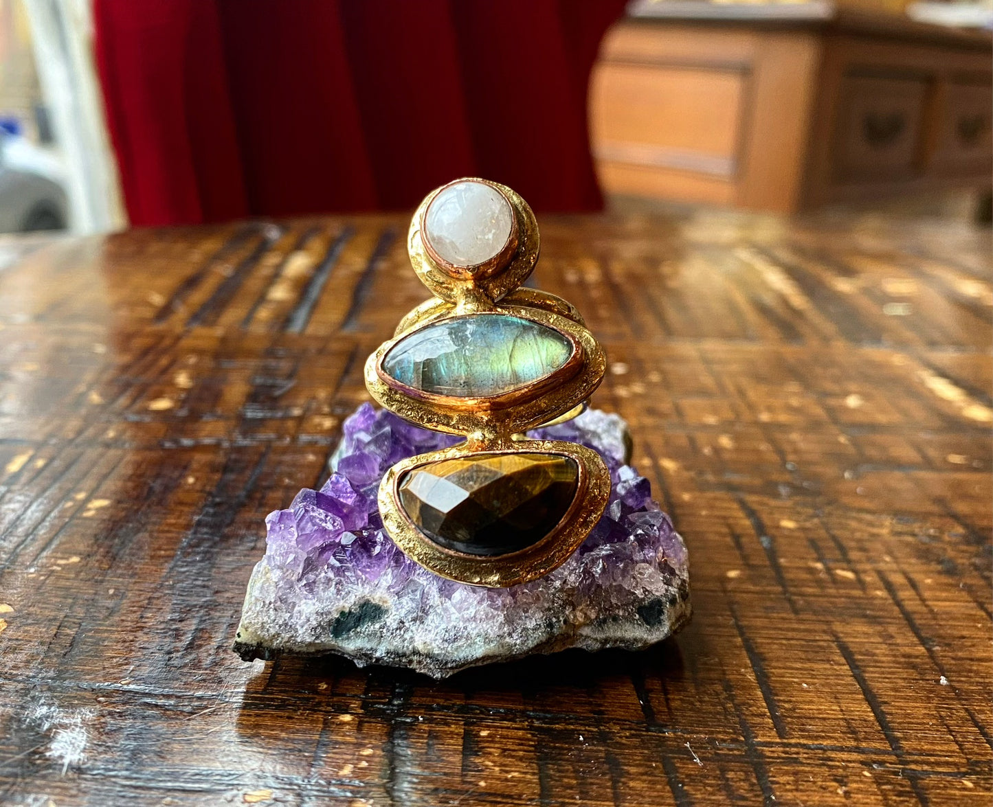 BRASS+COPPER+ QUARTZ +LABRADORITE+ TIGERS EYE RING