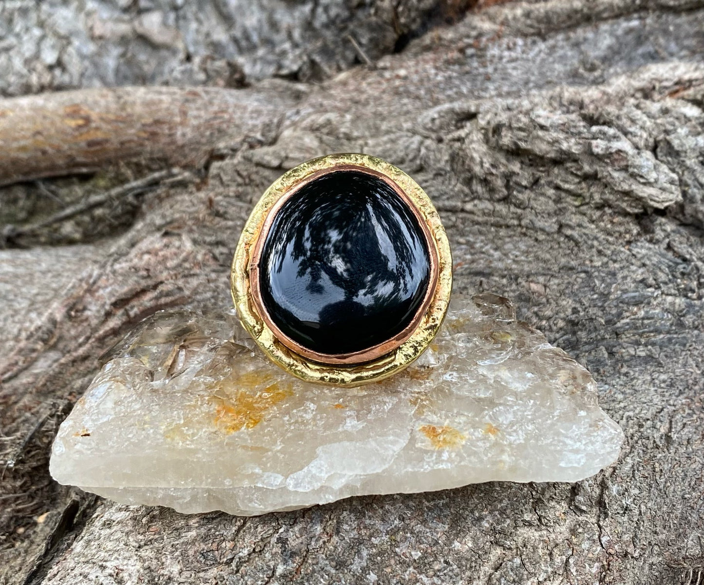 BRASS+COPPER+ONYX RING