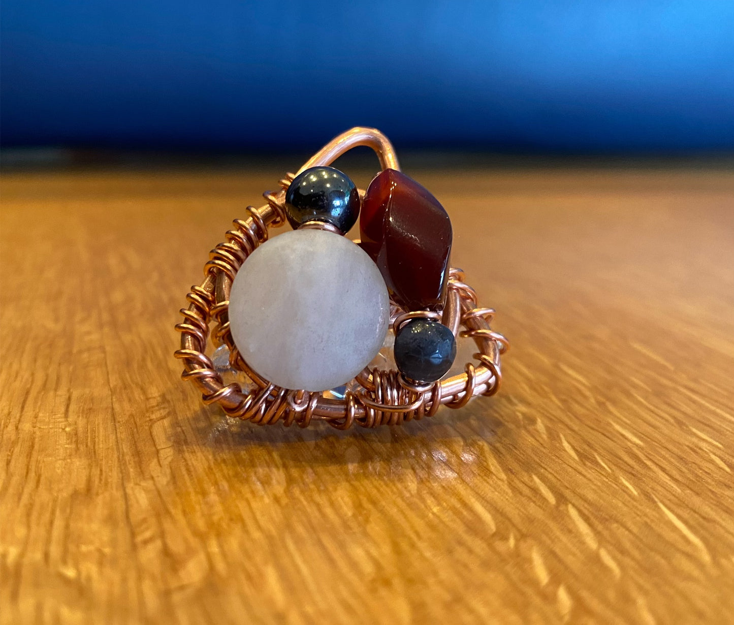 COPPER+ROSE QUARTZ +CARNELIAN+HEMATITE PARTY RING