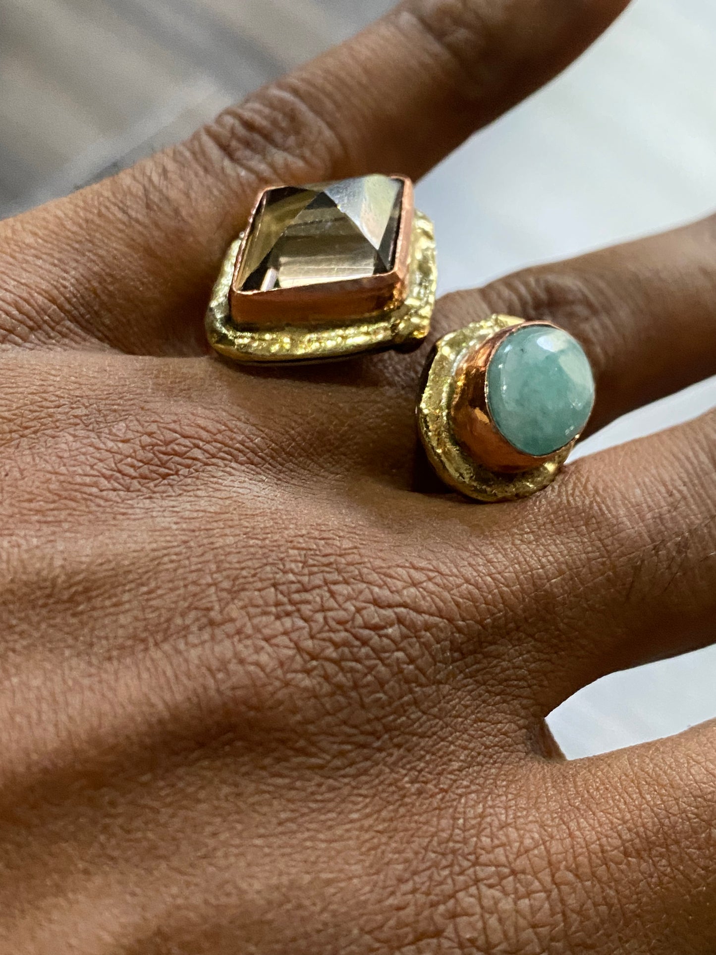 BRASS+COPPER+ SMOKEY AMETHYST+AMAZONITE RING