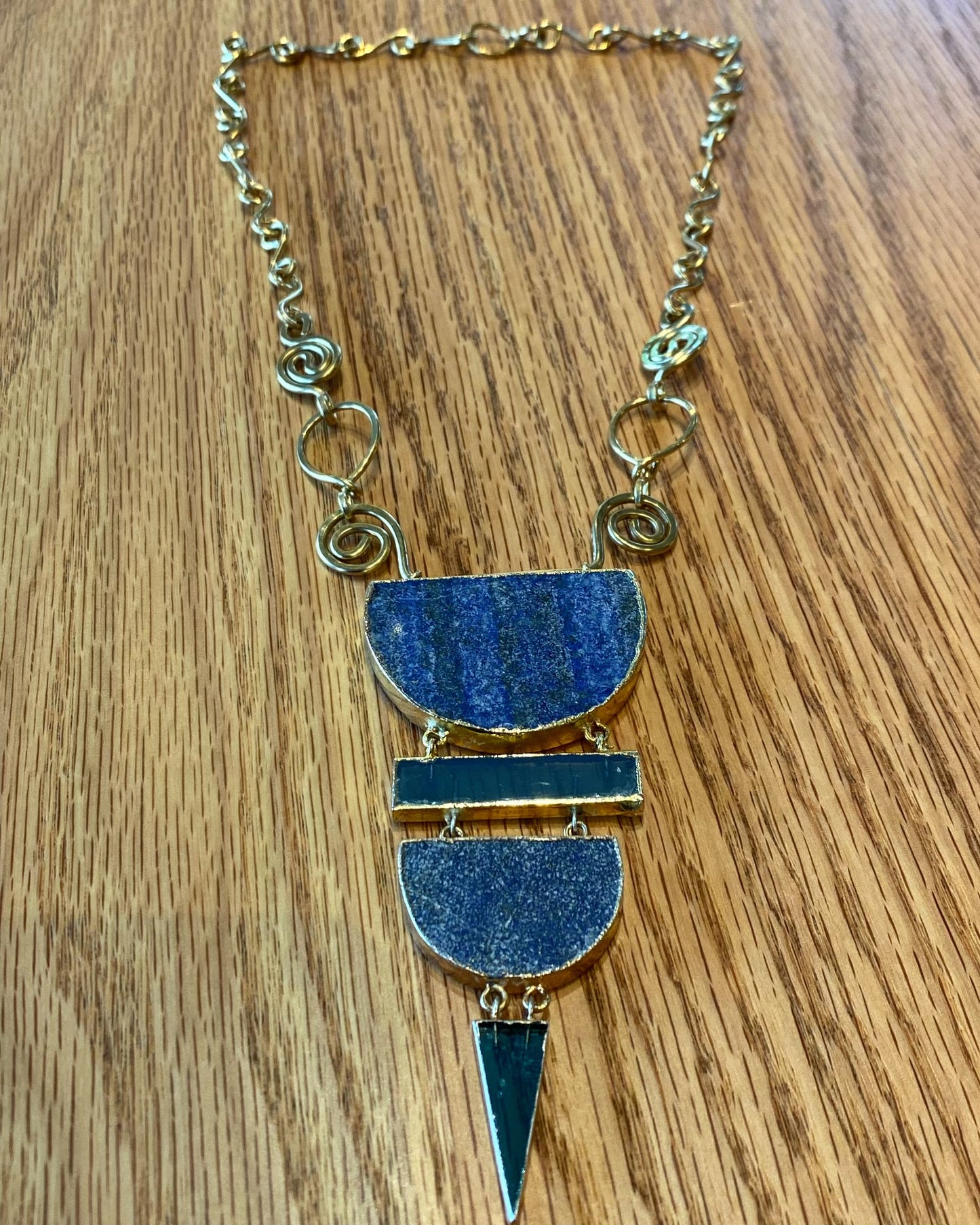 BRASS+BRONZE+LAPIS LAZULI+BLUE GLASS NECKLACE
