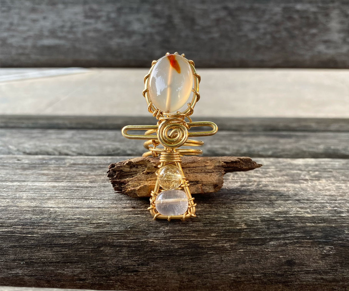 BRONZE+AGATE+CITRINE +ROSE QUARTZ ANKH RING