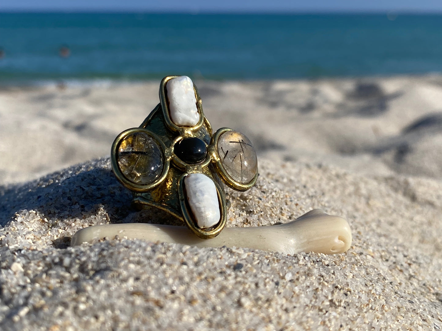 BRASS+ TOURMALINATED QUARTZ+ PEARL+OBSIDIAN RING