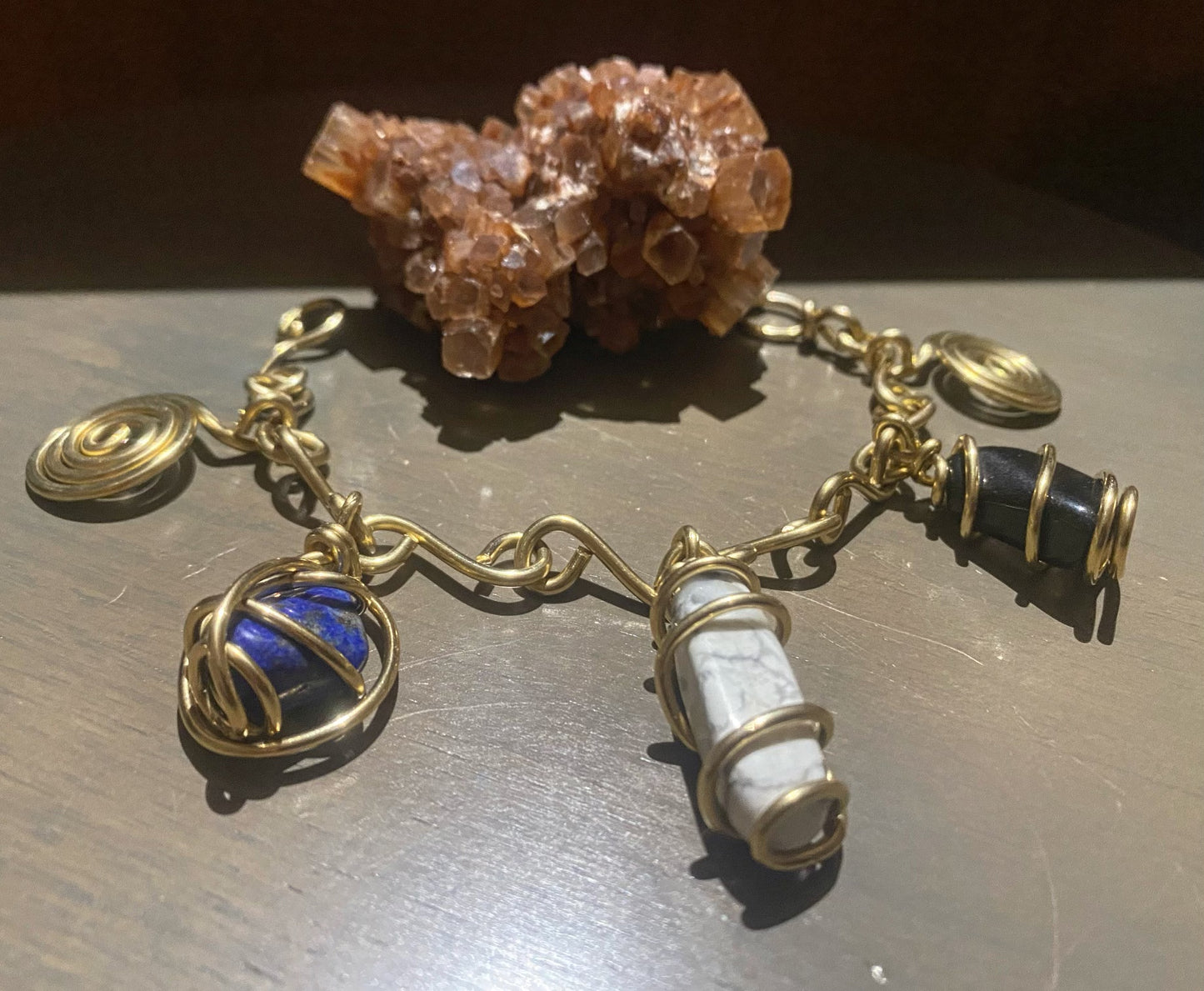 BRONZE+HOWLITE+OBSIDIAN +LAPIS LAZULI CHARM BRACELET