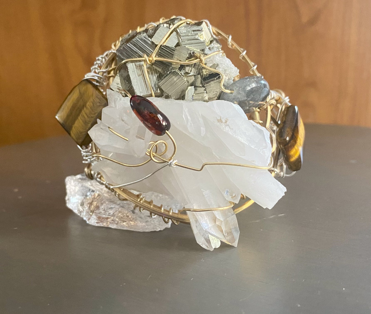 BRONZE+QUARTZ CLUSTER+AMBER+ PYRITE BRACELET