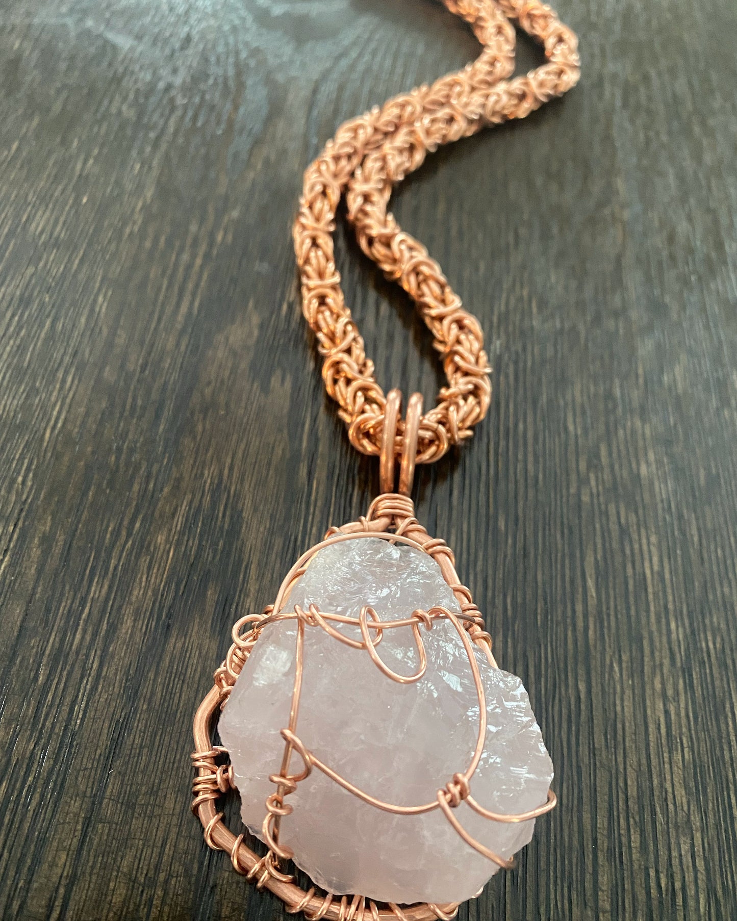 COPPER+ROSE QUARTZ BYZANTINE NECKLACE