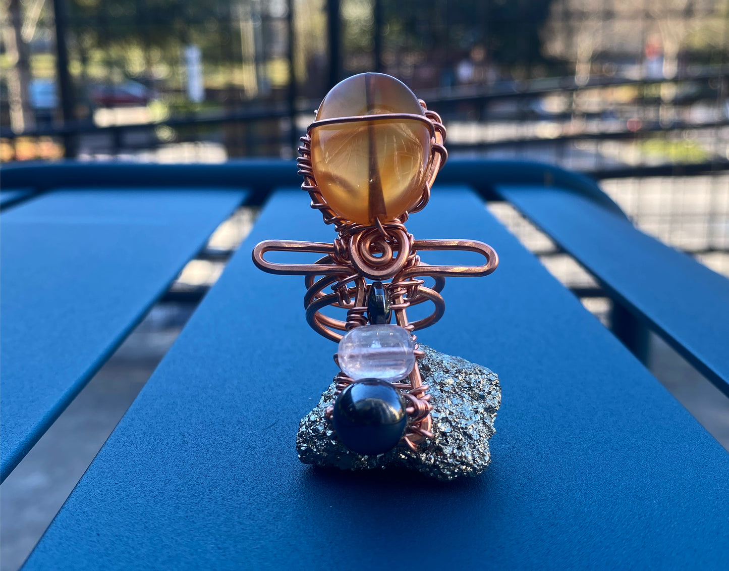 COPPER+CARNELIAN+HEMATITE+ROSE QUARTZ ANKH RING