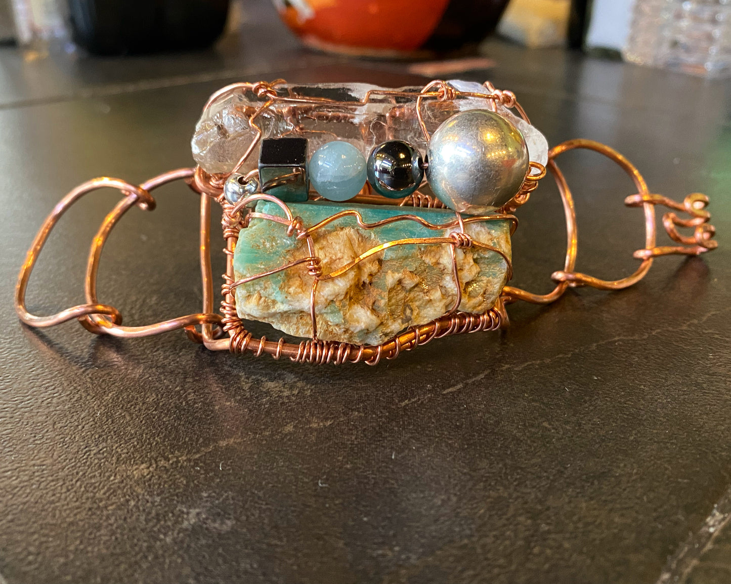 COPPER+AMAZONITE+AQUAMARINE+HEMATITE+SILVER BALL ARCLINK BRACELET