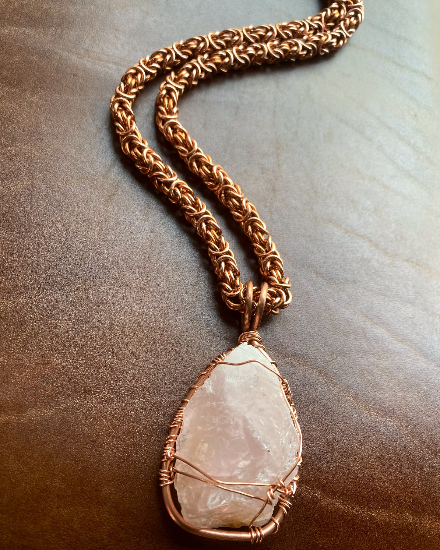 COPPER+ROSE QUARTZ BYZANTINE LINK NECKLACE