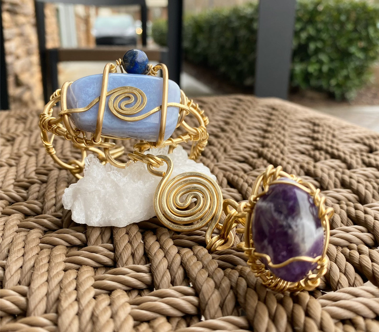 BRONZE+BLUE LACED AGATE+LAPIS+AMETHYST RING BRACELET
