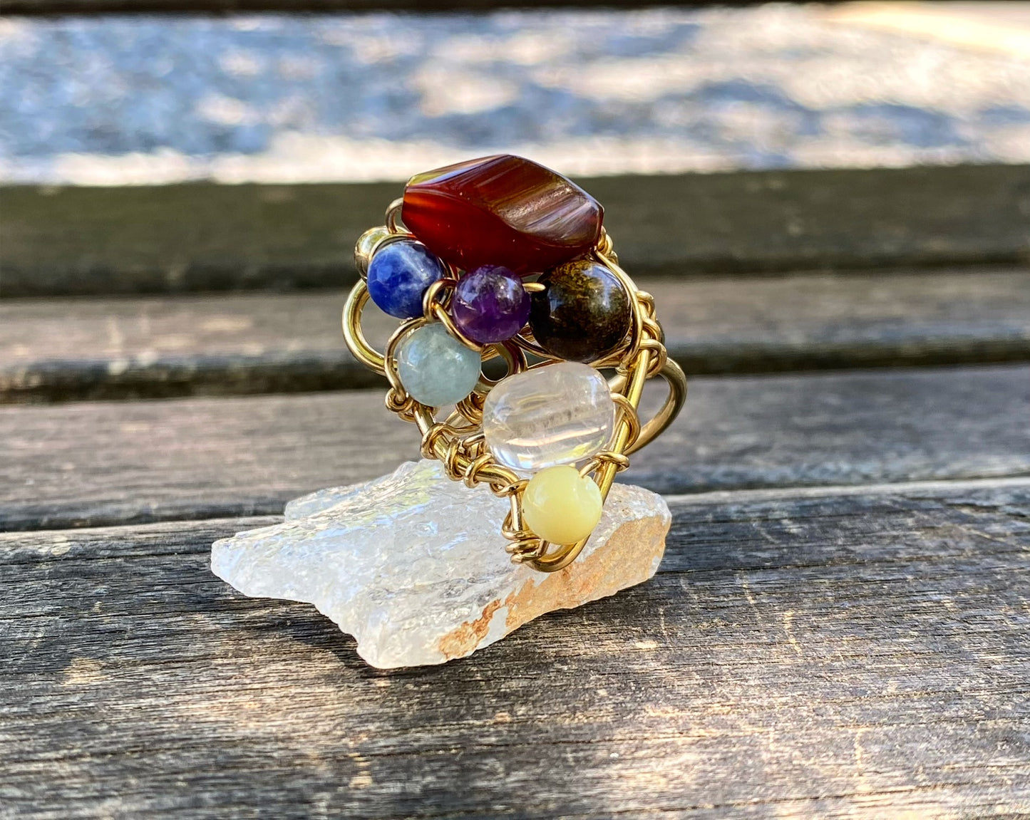 BRONZE+AGATE+ROSE QUARTZ+BRONZITE+ AMETHYST+ AQUAMARINE+BLUE QUARTZ +CARNELIAN PARTY RING