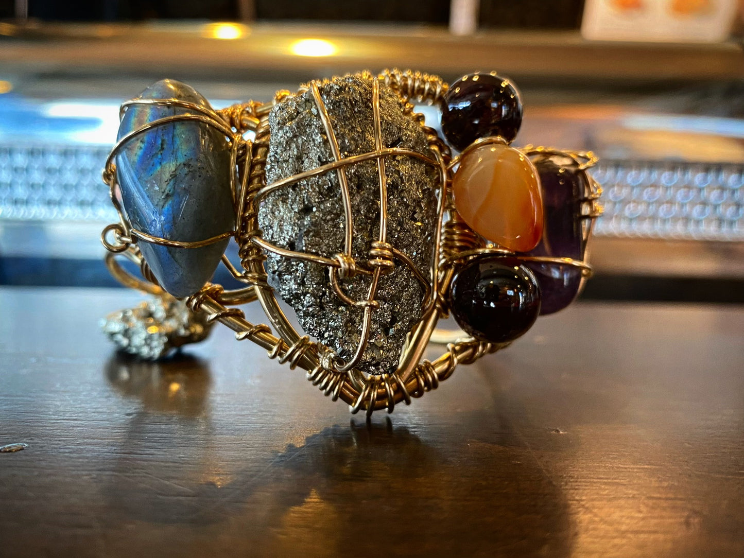 BRONZE+PYRITE+ LABRADORITE +AMETHYST+GARNET+ AGATE CUFF BRACELET