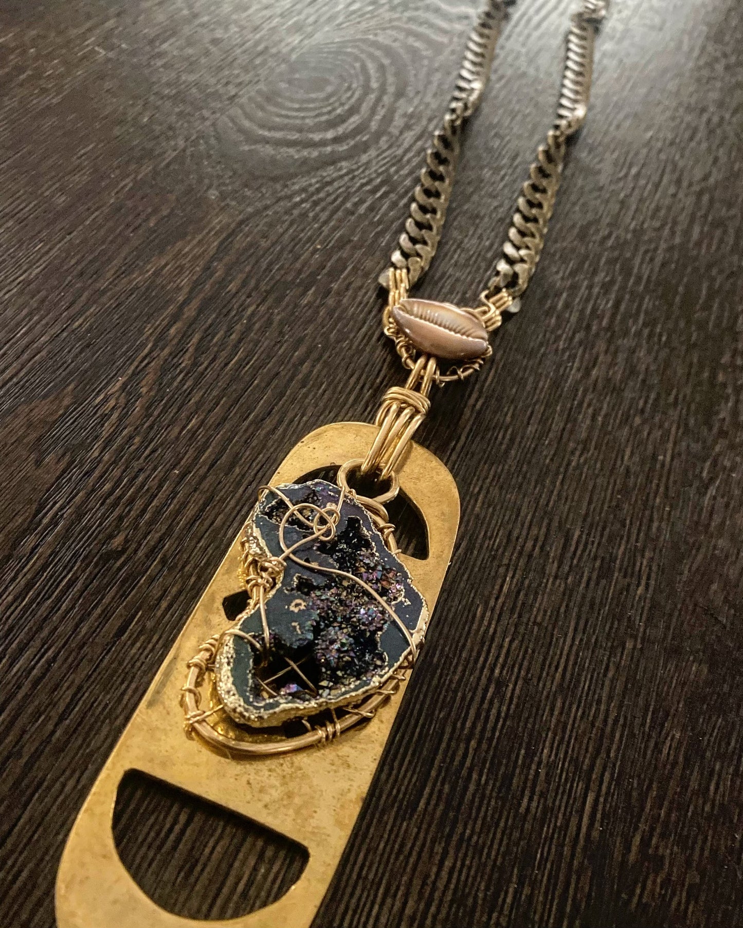 BRONZE+TITANIUM AGATE-CORAL GEODE+COWRIE SHELL NECKLACE