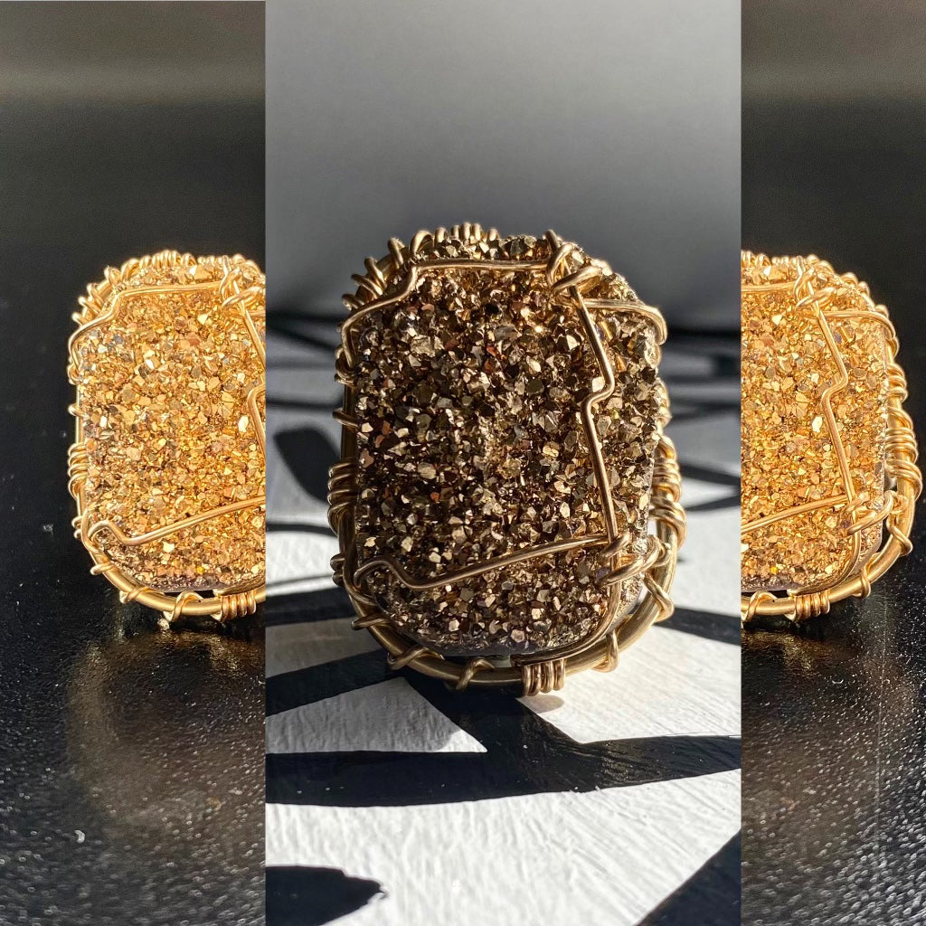 ☀️GOLDEN GUIDE☀️BRONZE+GOLDEN TITANIUM QUARTZ DRUZY RING