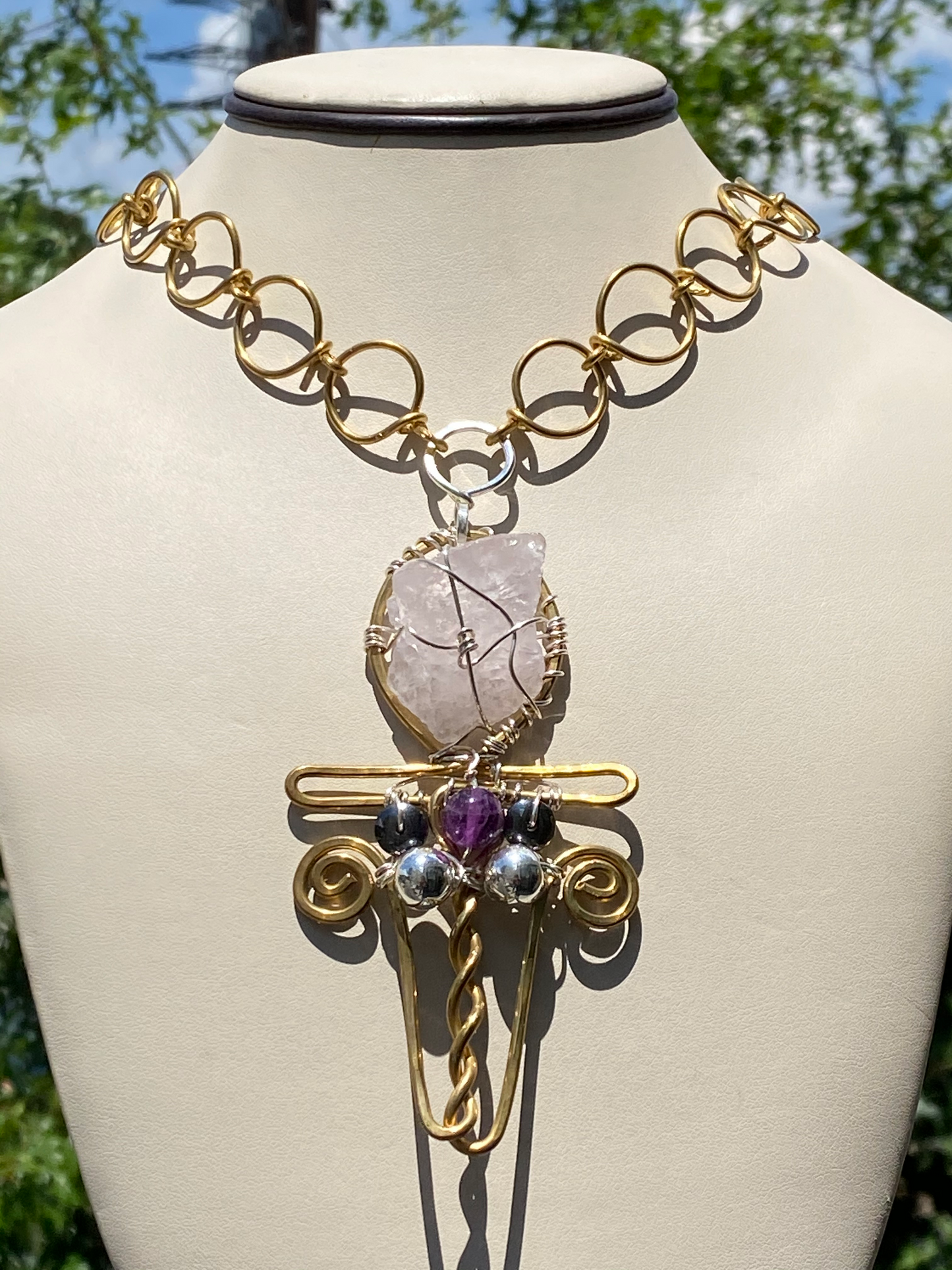 BRONZE+SILVER MULTI-STONE ANKH NECKLACE