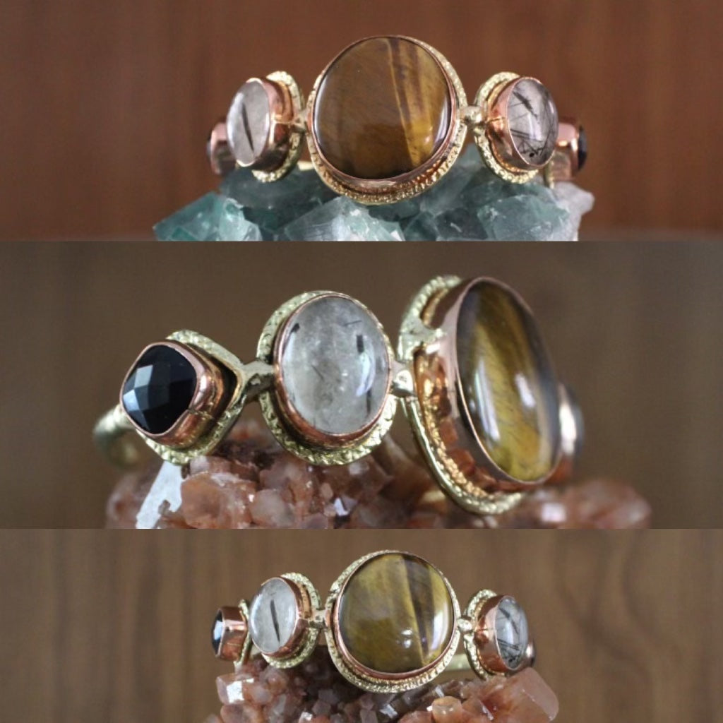 BRASS+COPPER+TIGERS EYE+TOURMALINATED QUARTZ+ONYX BRACELET