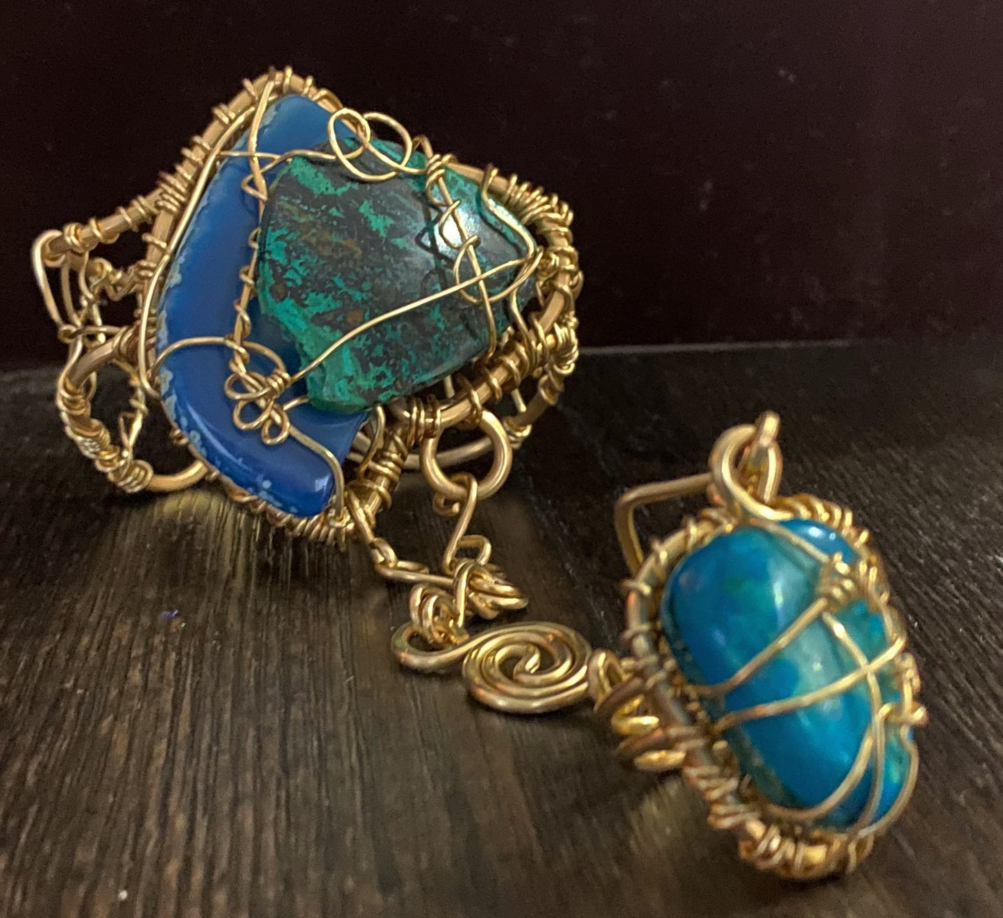 BRONZE+CHRYSOCOLLA+AGATE RING BRACELET